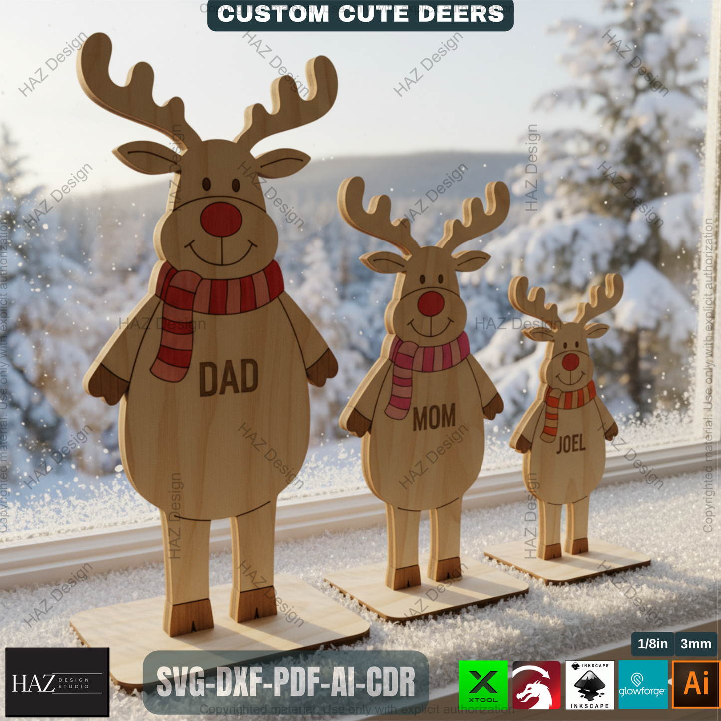 Freestanding Reindeers, DEER Family Names Laser Engraved, Wooden Standing Deers Cutting Templates 499