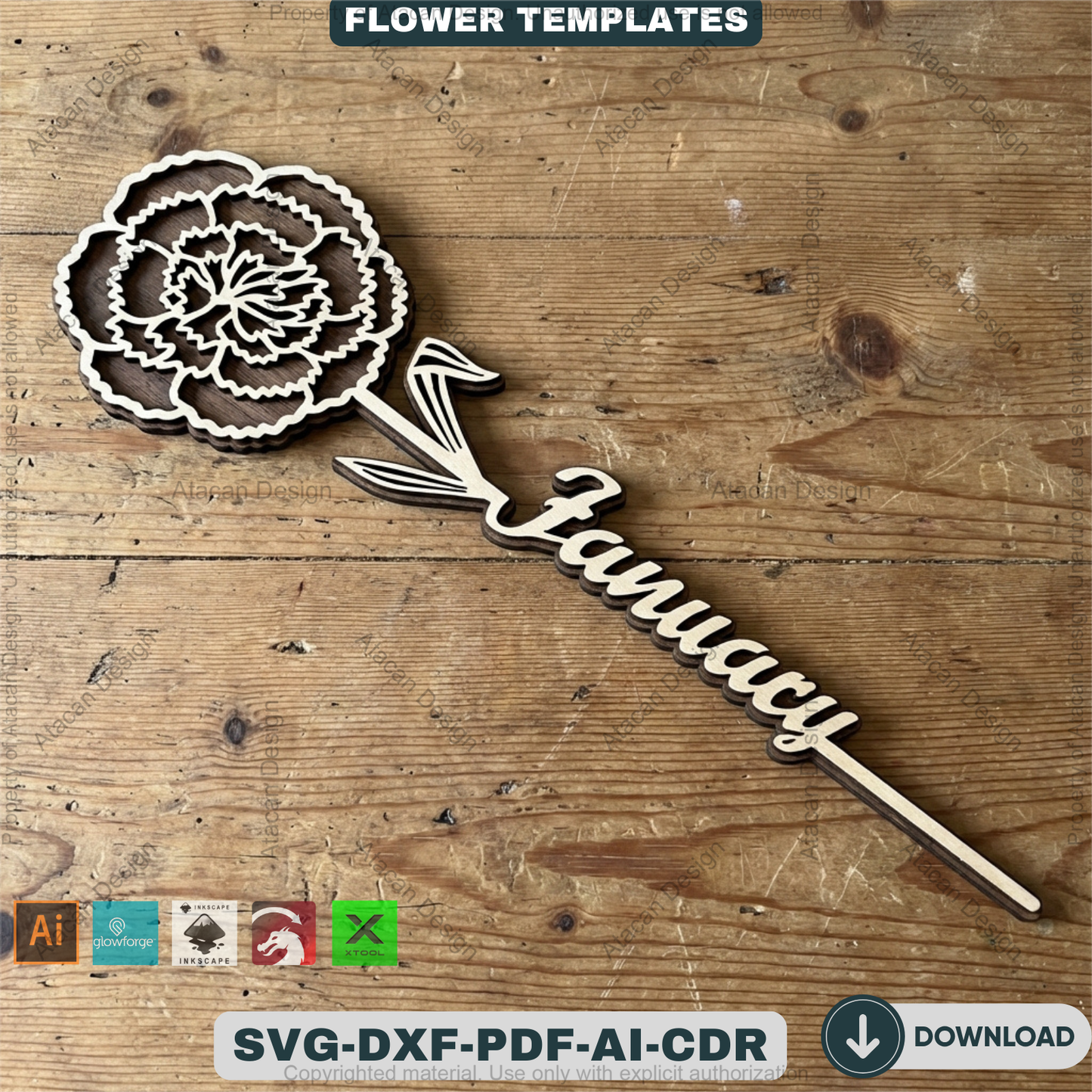 Birth Month Flower Laser Cut Bundle Wooden Floral Stakes Bouquet Topper Designs Personalised Mother Day Gift Laser Ready Templates 932