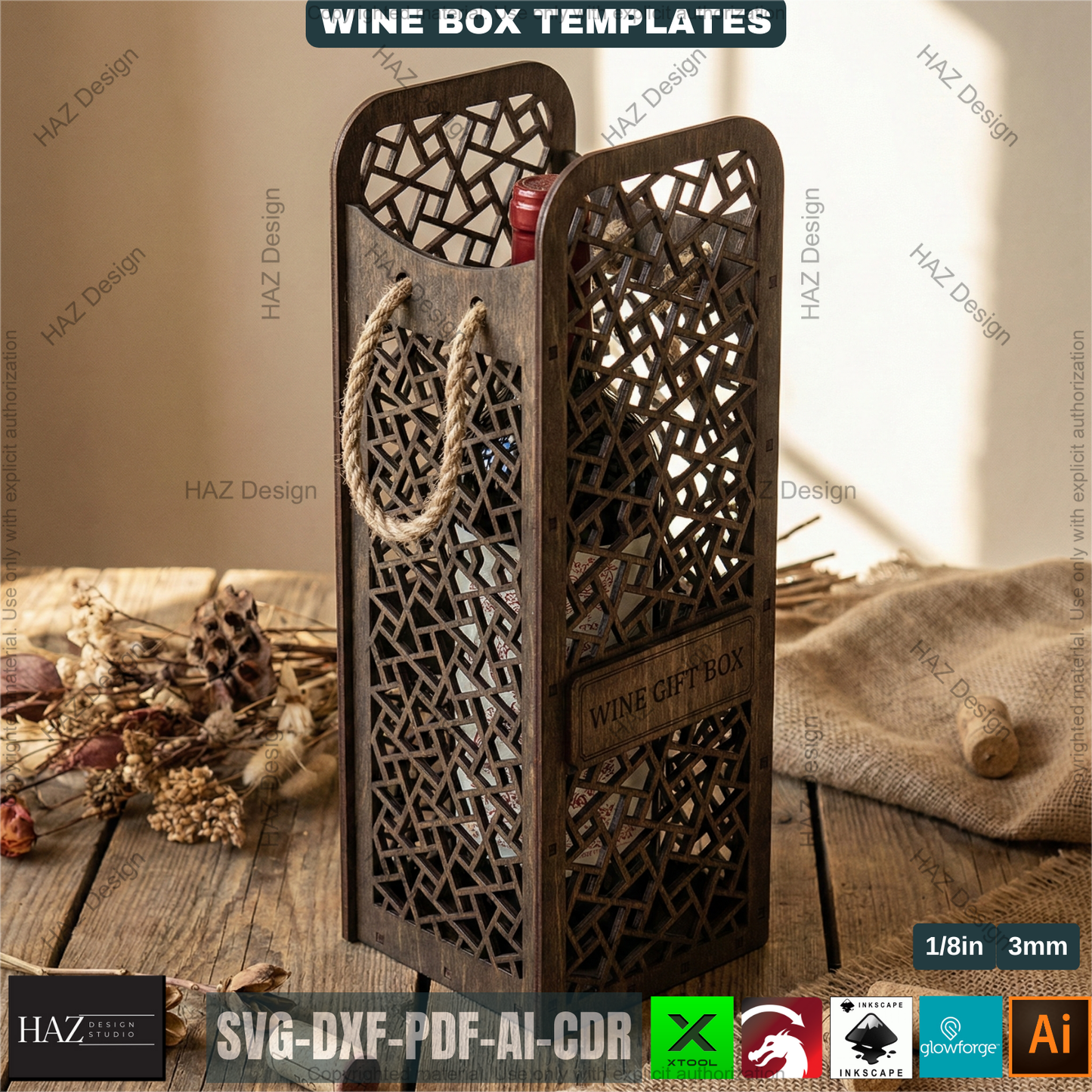 Laser Cut Wooden Wine Bottle Gift Box Bundle for DIY, Elegant Wine Carrier Templates for Laser Cutting Projects 512