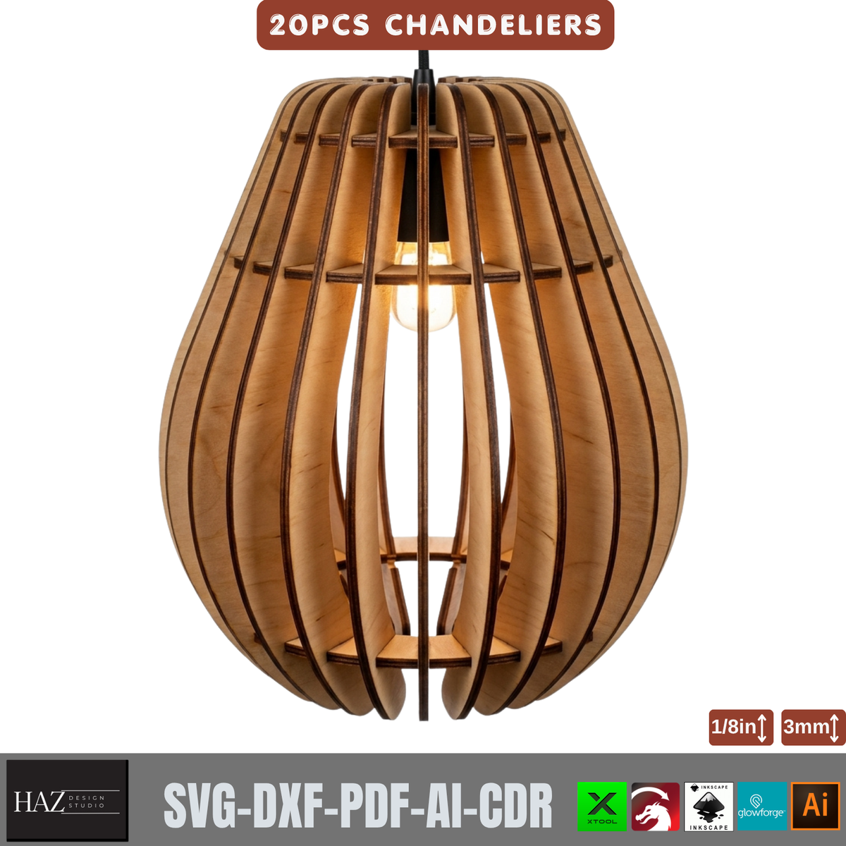 20 Piece Wooden Chandelier Pendant Lamp Laser Cut SVG Template Set Plywood 566