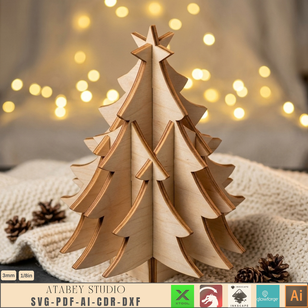 Plywood Christmas Tree Laser Cut File 3D Stand-Up Holiday Wood Decor DIY 1027