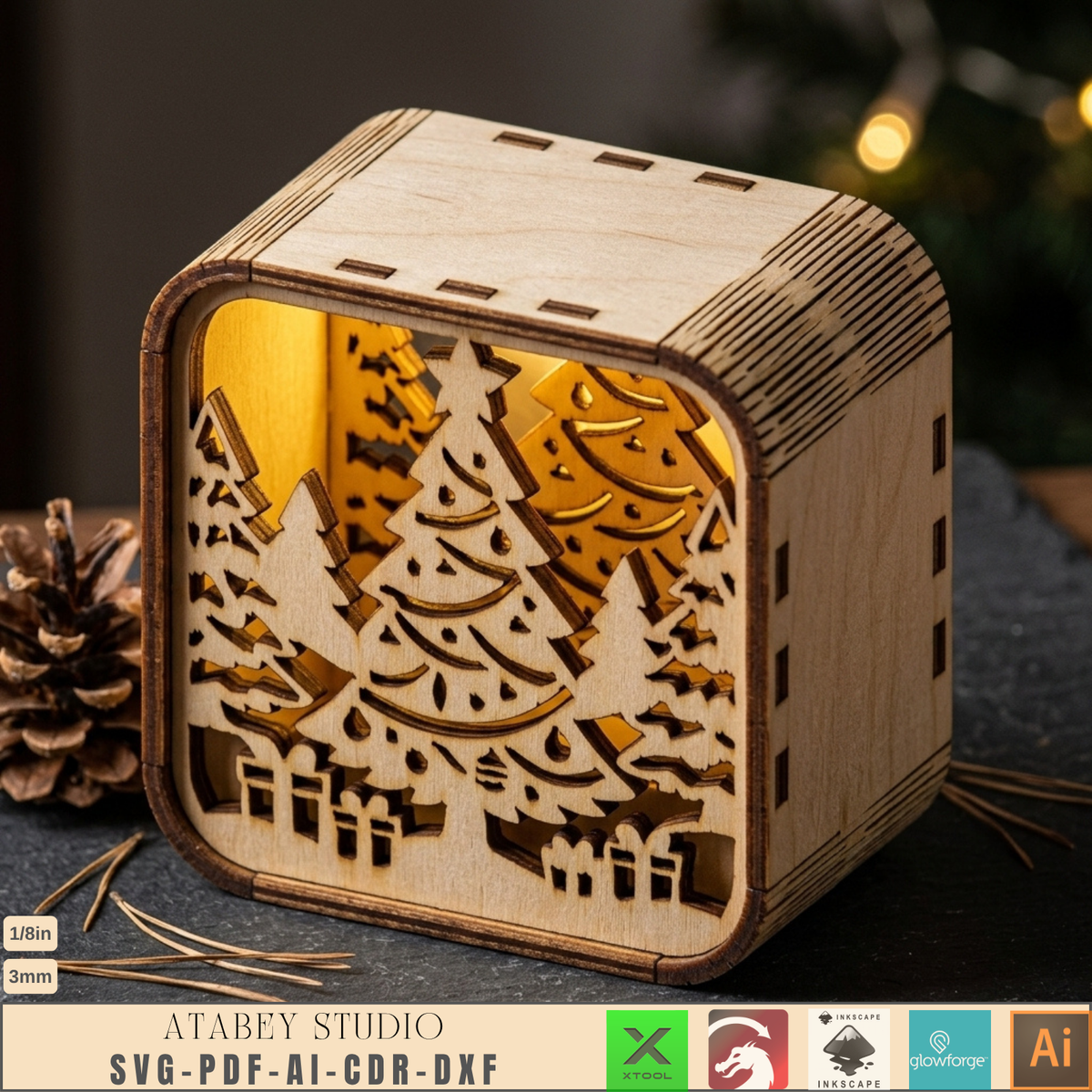 Wooden Christmas Shadow Box Lantern, Reindeer Santa Sleigh Candle Box Plans, Xmas Mantel Laser File
