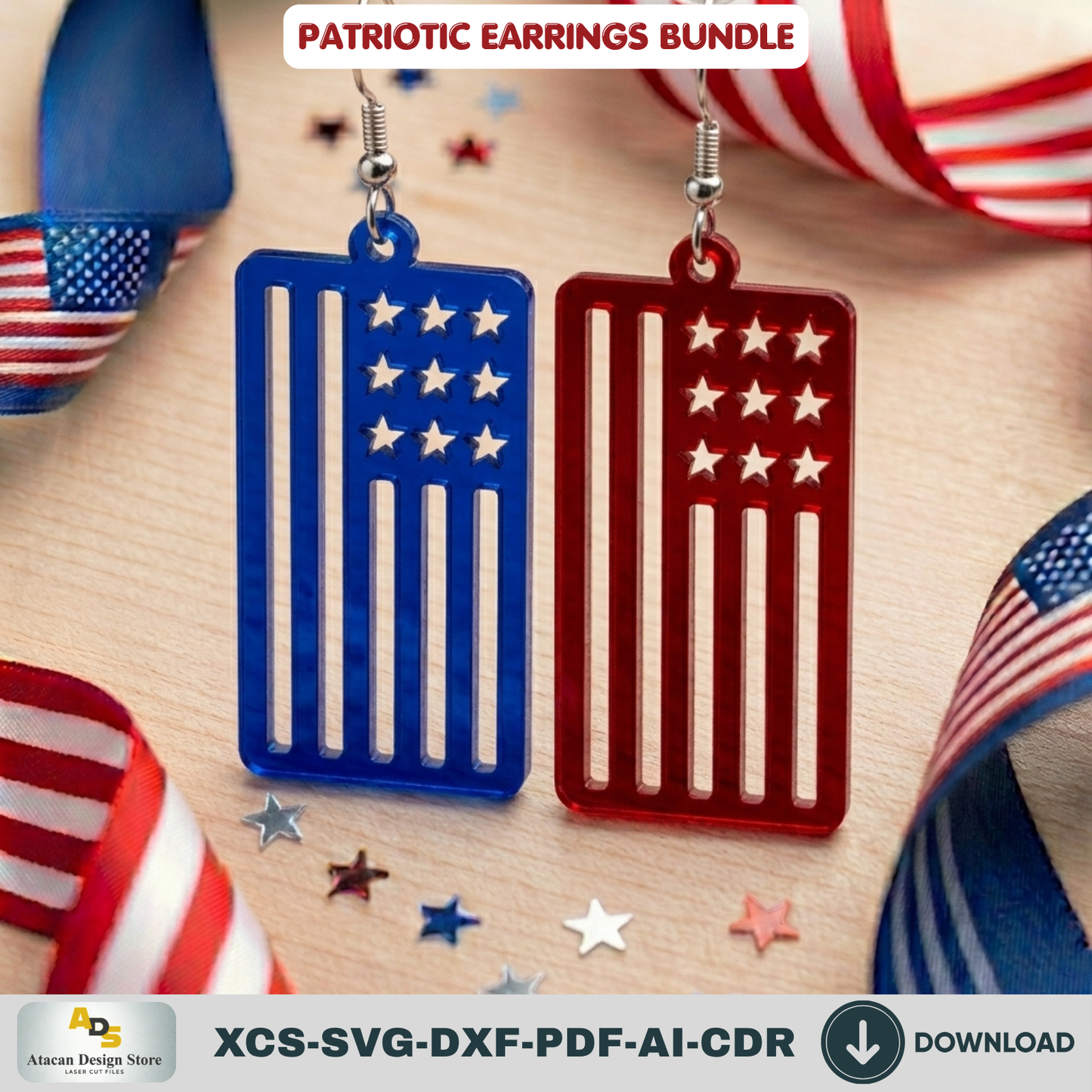 Patriotic Earrings Laser Cut Bundle, 4th of July USA Flag Acrylic Jewelry Template, Veteran Gift Design