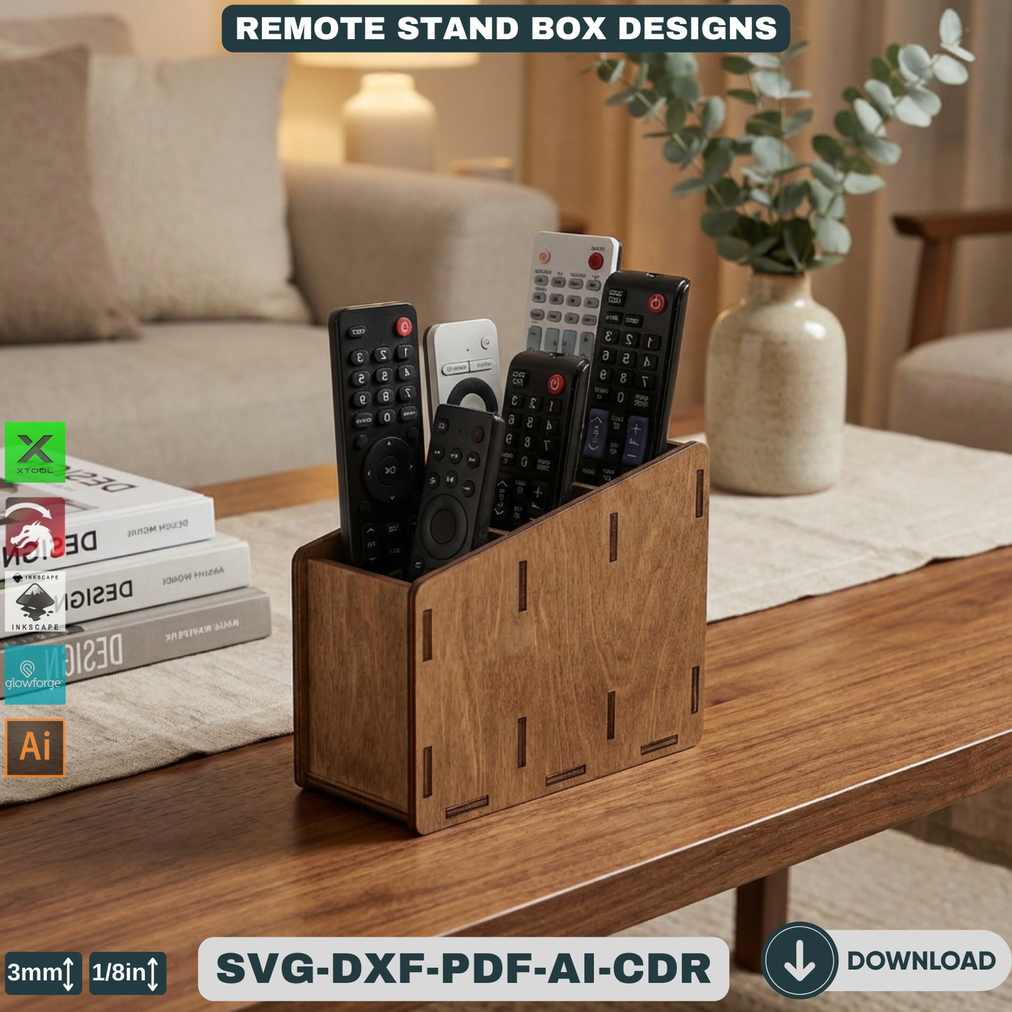 Remote Control Holder Pattern | Wooden TV Accessory Organizer Template | Living Room Storage Box 939