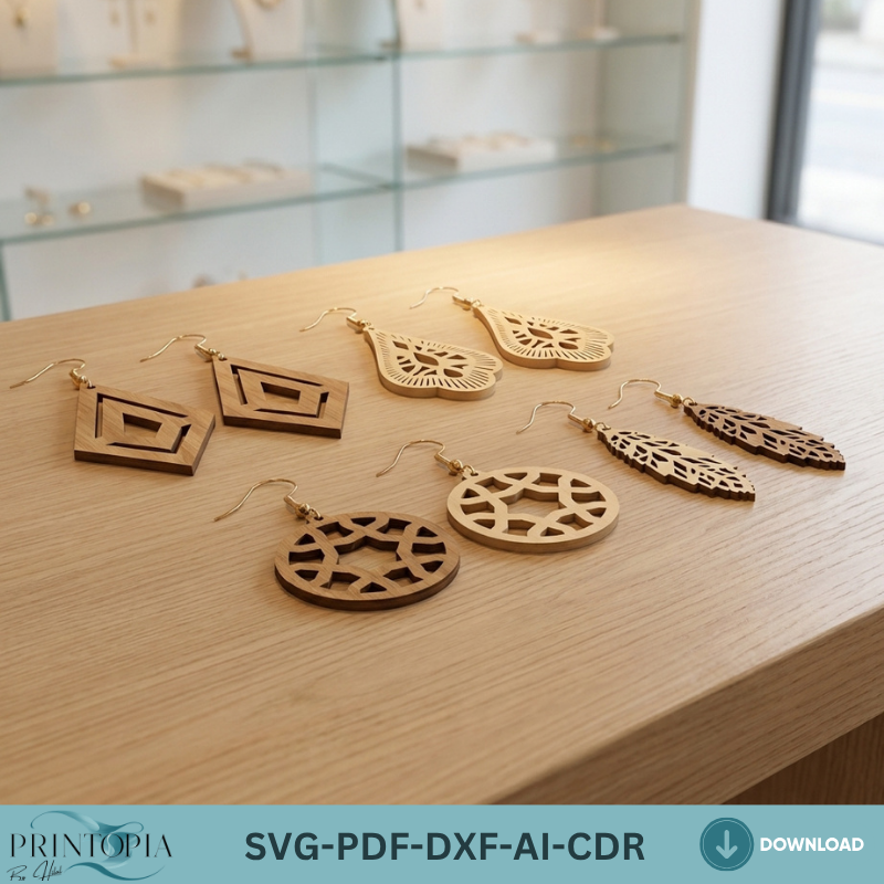Laser Cut Earring Templates Set Wooden Jewelry Designs Dangle Teardrop Leaf Geometric Earrings