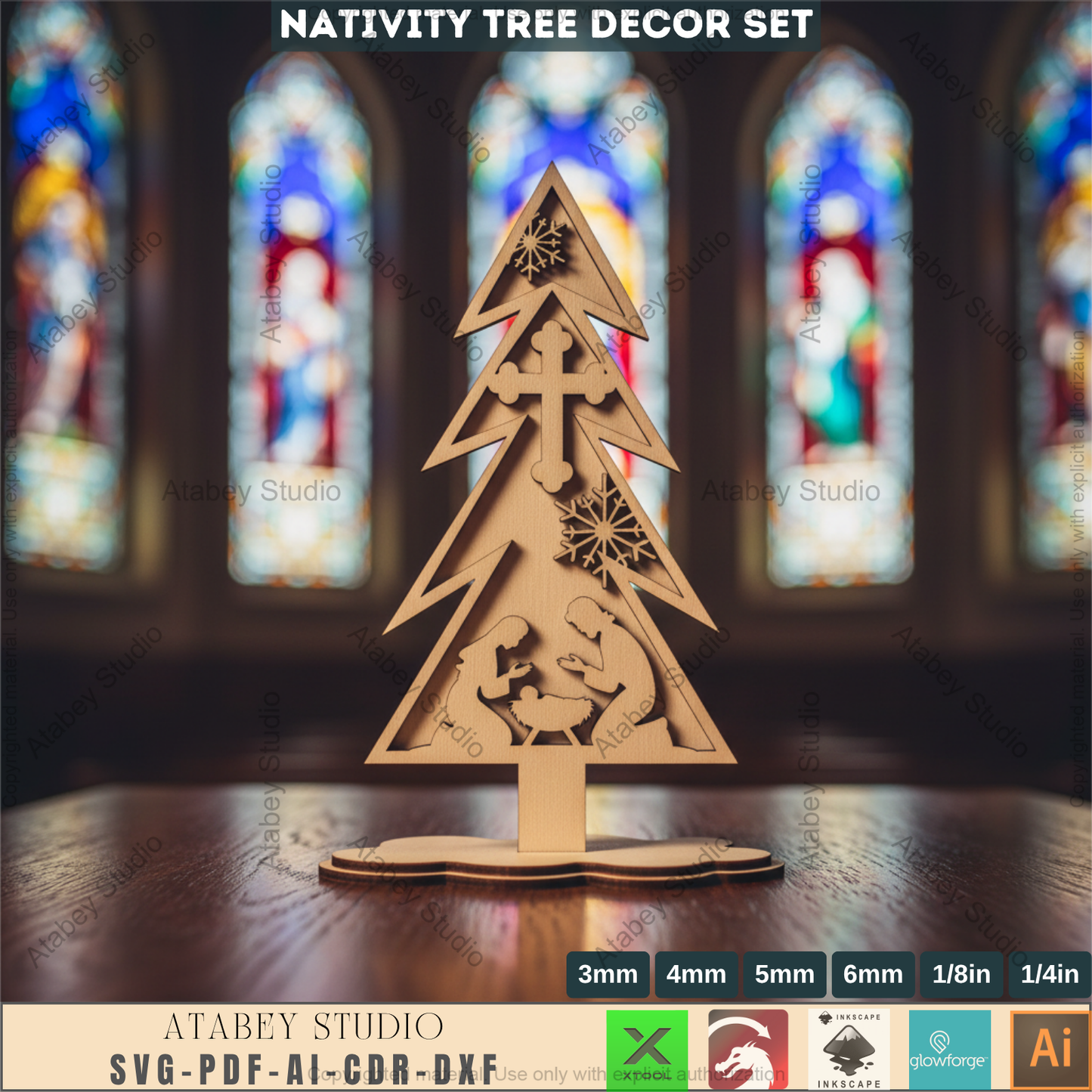 Laser Cut Nativity Tree Decor Set, 3D Standing Faith Christmas Ornaments, Wooden Tabletop Cross Tree SVG 966