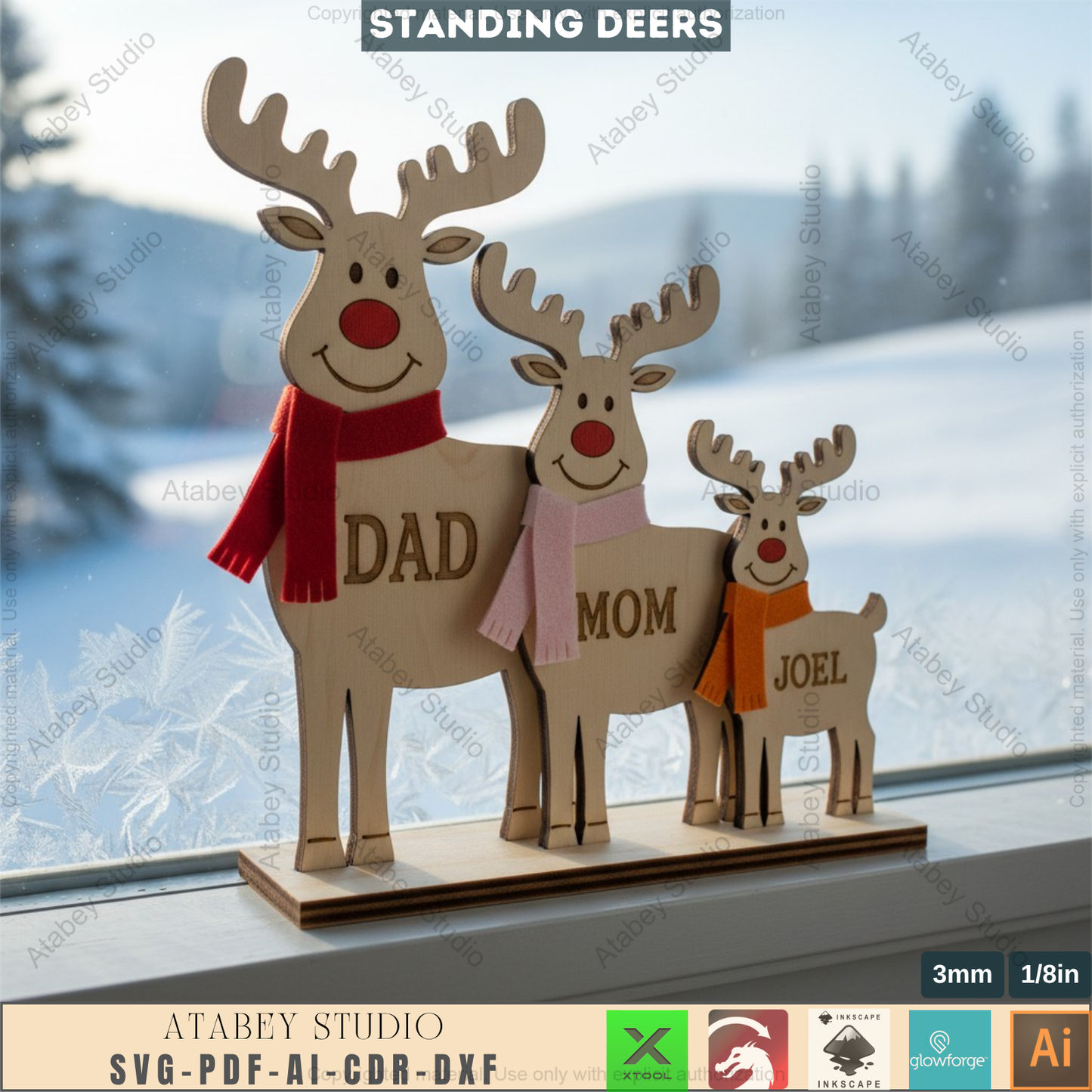 Personalized Reindeer Family Laser Cut Design, Freestanding Christmas Deer Decor, Custom Name Tabletop Sign 970