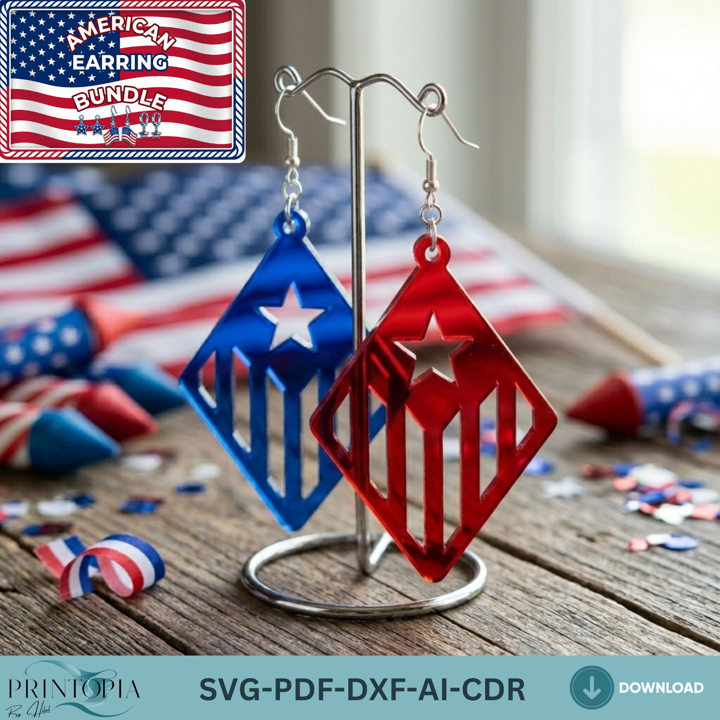 Patriotic Earring SVG Bundle, 4th of July Laser Cut File, USA Flag Acrylic Earrings DXF