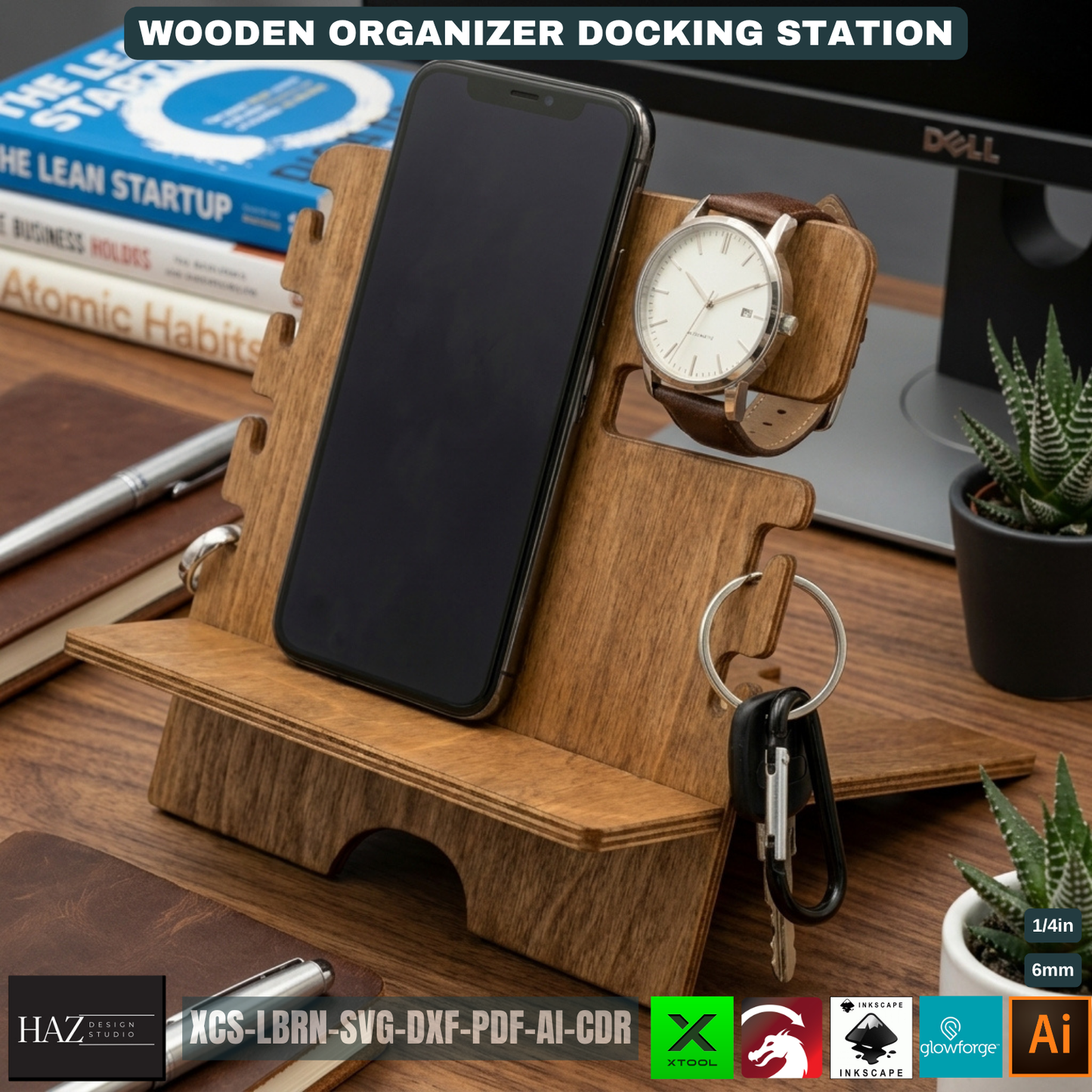 Wooden Docking Station Desk Organizer Phone Stand Men's Gift Bedside Organizer Wood Catchall Tray 530