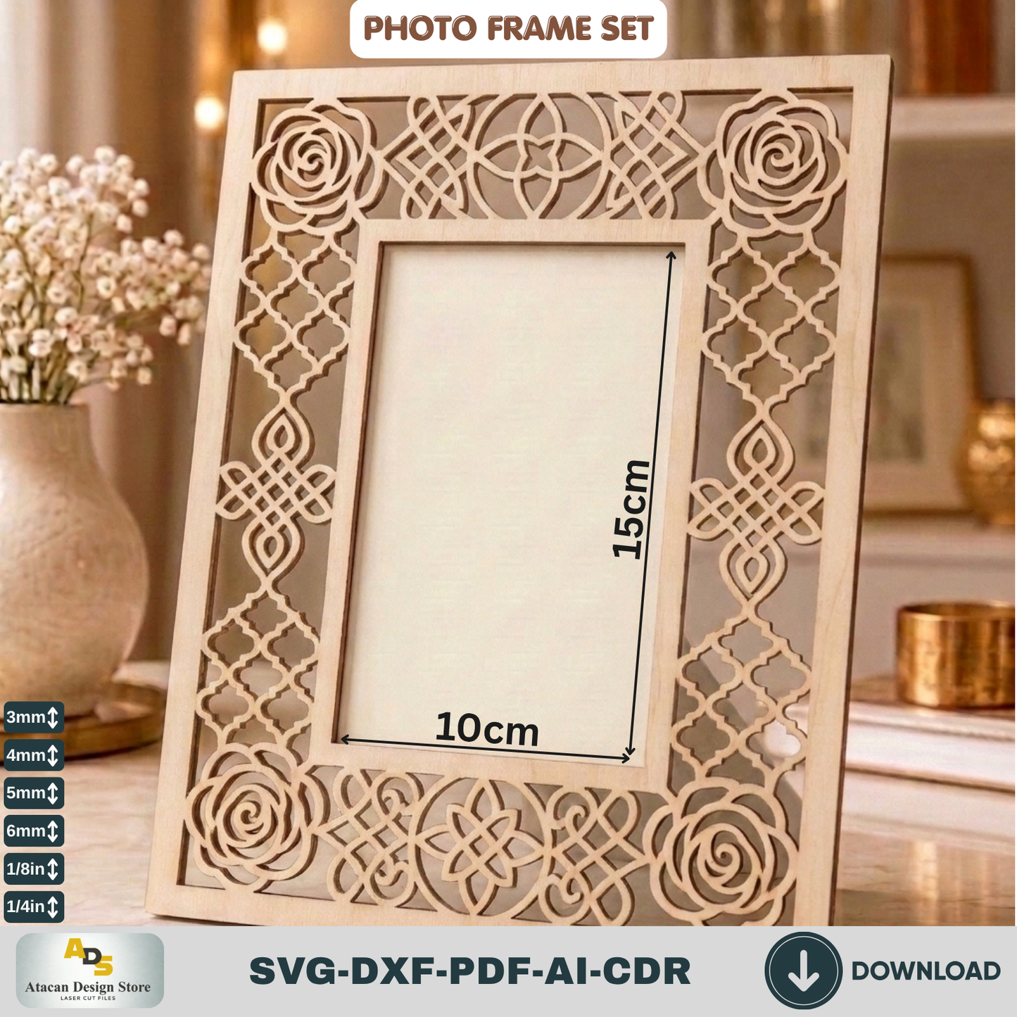 Laser Cut Photo Frame SVG Bundle – Floral Rustic Wood Home Decor Template