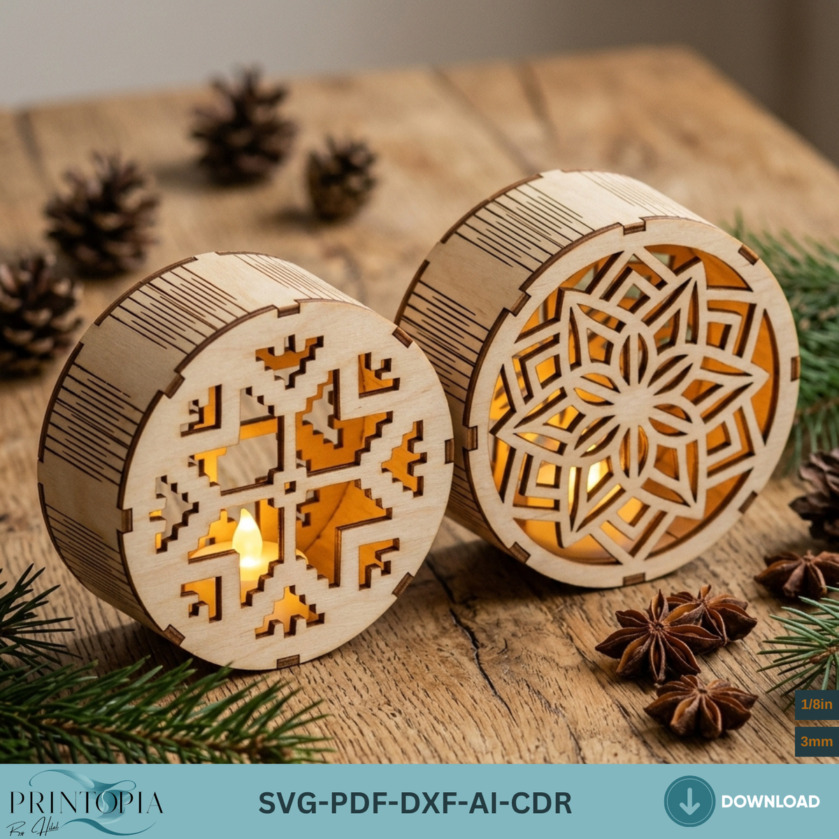 Laser Cut Christmas Night Light Bundle, Round Wooden Lanterns, DIY Holiday Candle Holder Designs 380