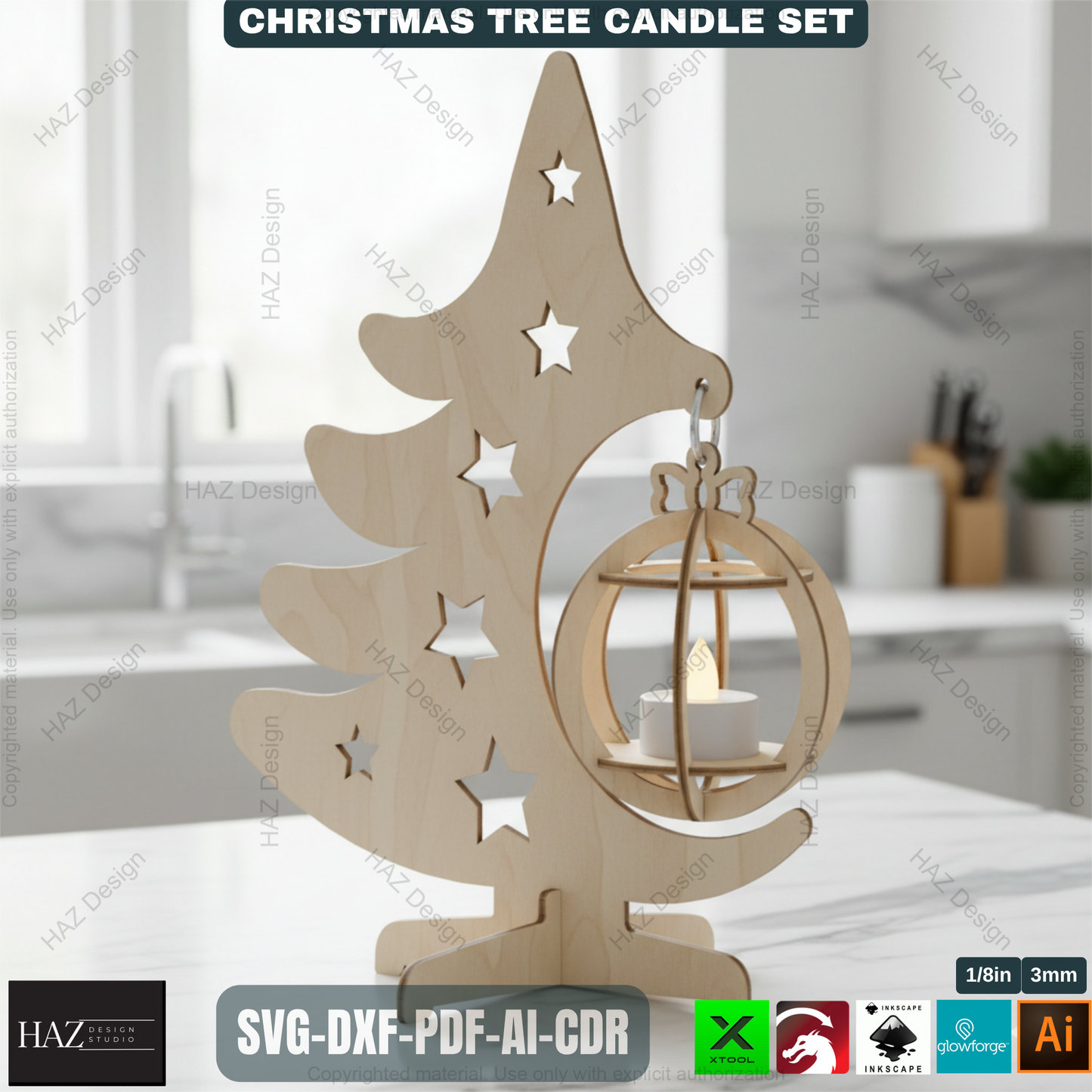 Title: Christmas Tree Tealight Holders Laser Cut Files Wooden Ornament Candle Stands Xmas Decor Templates Glowforge Xtool SVG 494