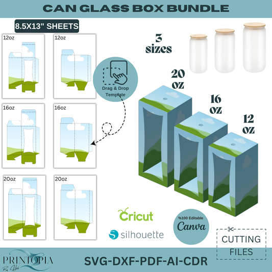 3 Size Can Glass Box Bundle | 12oz, 16oz, 20oz Templates | Editable svg DXF PDF ai CDR Files for Cricut, Silhouette, canva 172