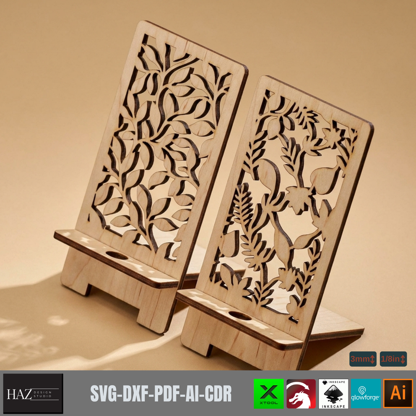 Laser Cut Floral Wooden Phone Stand Template Digital Pattern Mobile Holder Desk Accessory