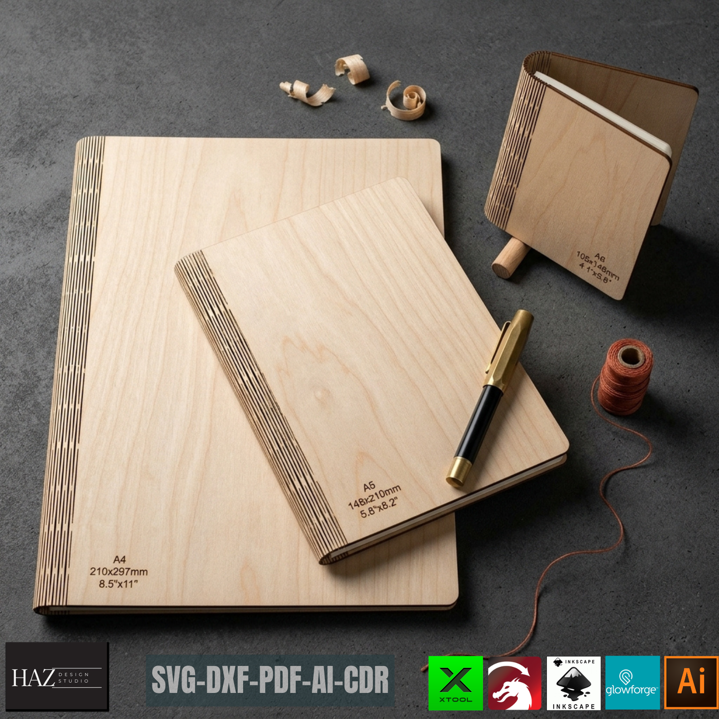 Wooden Laser Cut Book Cover Templates A4 A5 A6 Living Hinge Journal Notebook Case Design