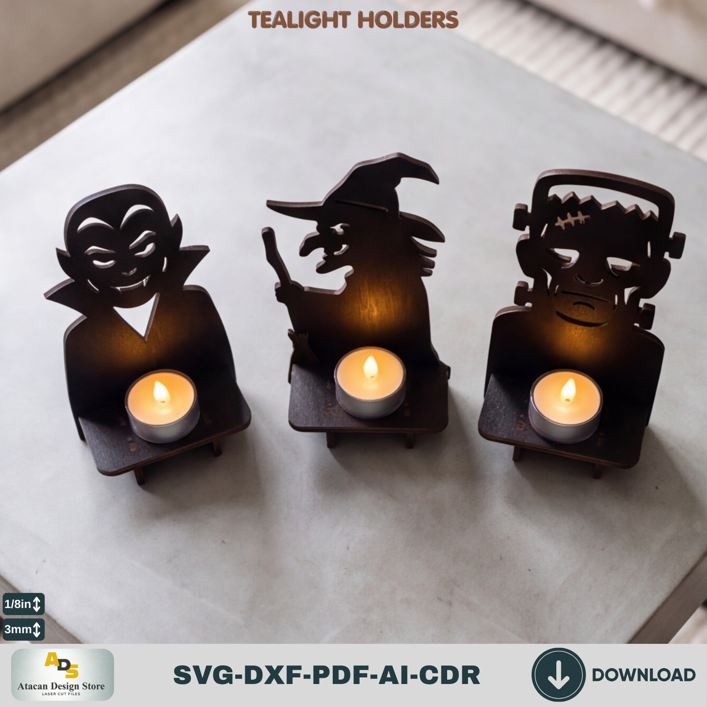 Halloween Monster Tealight Holder Laser Cut SVG Dracula Witch Frankenstein