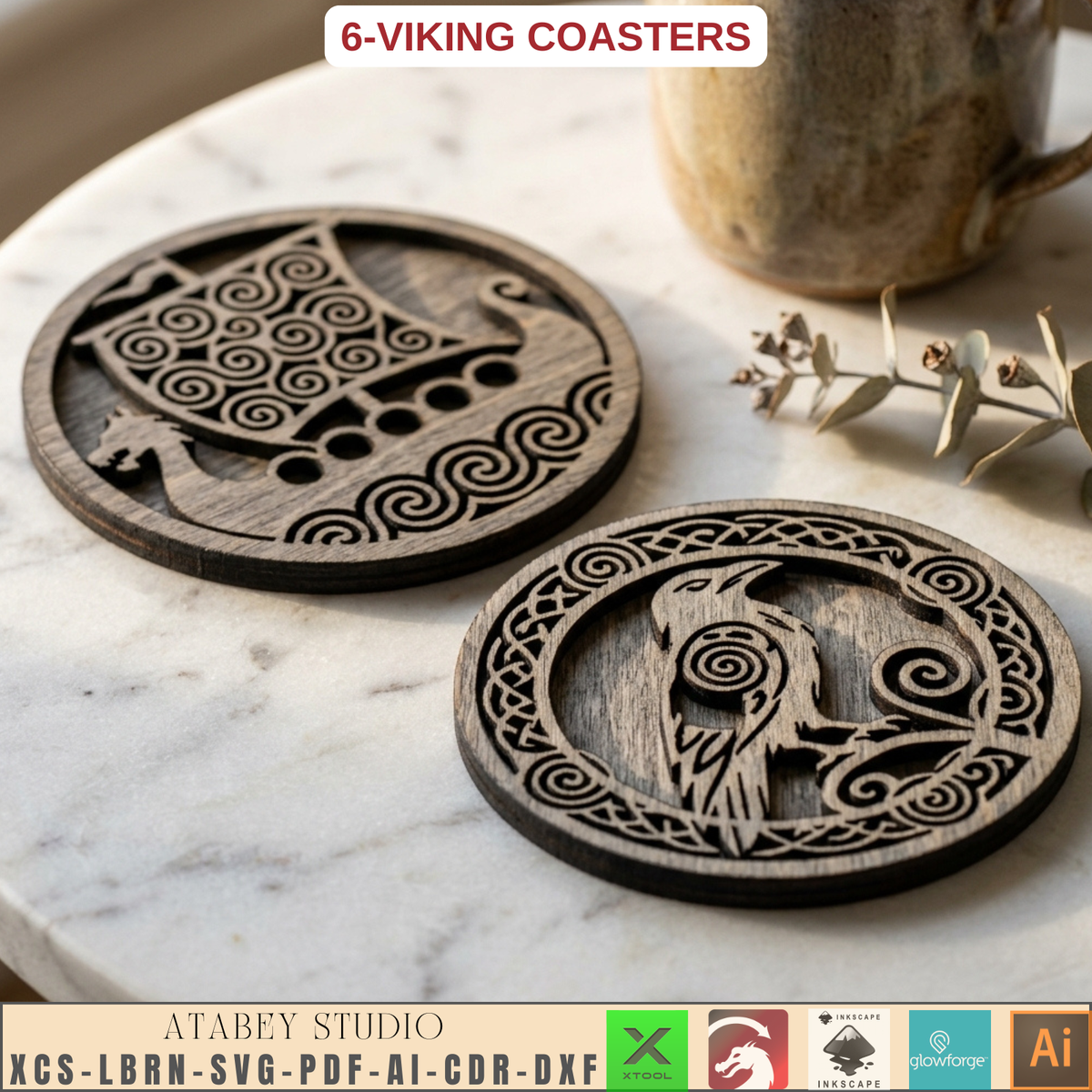 Viking Norse Coaster Laser Cut Files Raven Wolf Ship Celtic Wood Template