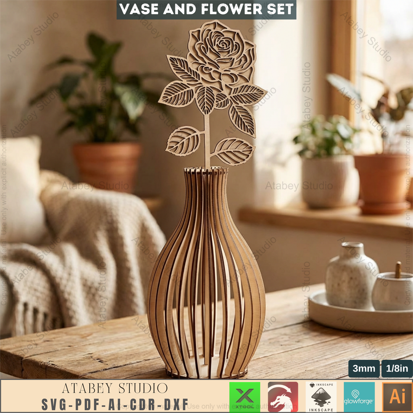 Laser Cut Wooden Vase with Flowers SVG Bundle - 5 Elegant Vases & 6 Wildflower Designs, 3D Layered Floral Table Decor 984