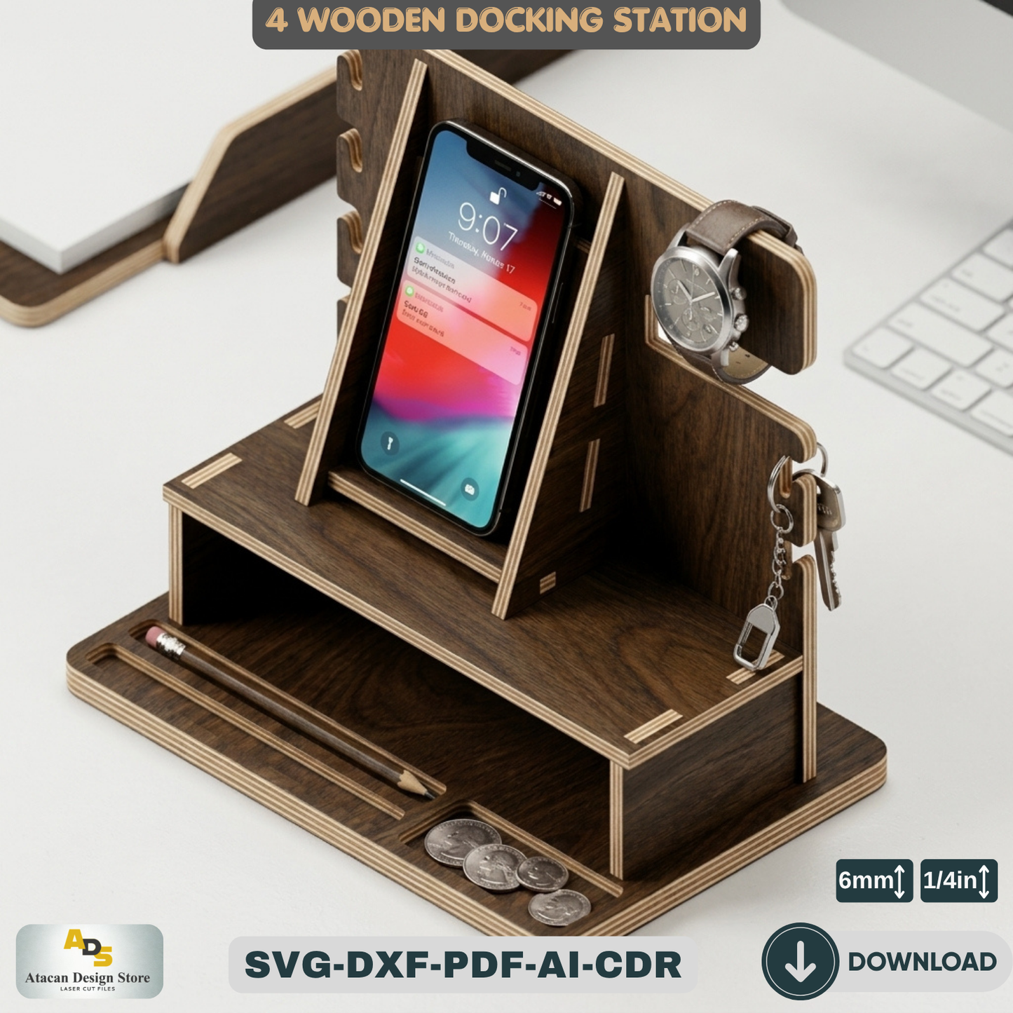 Wood Docking Station / Desk Organizer Phone Stand / Watch Holder / Father's Day Gift 947