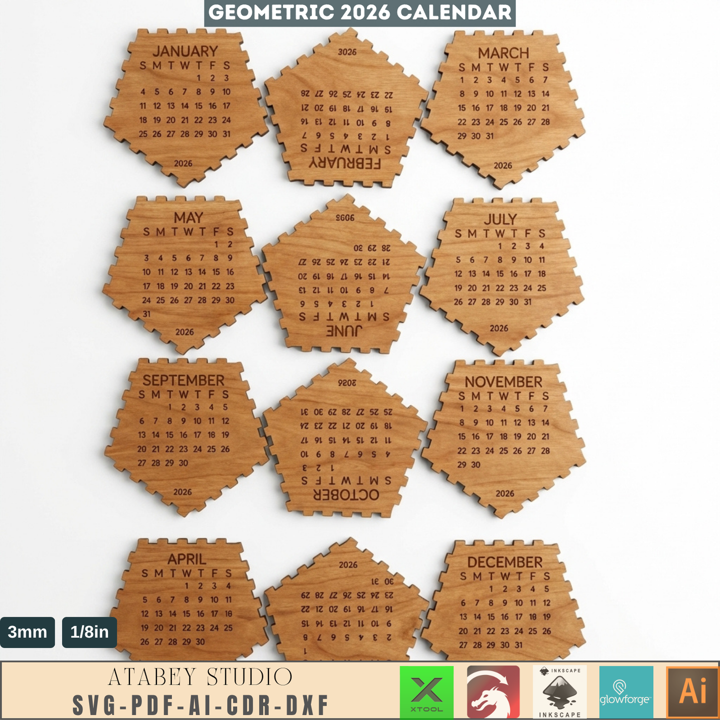2026 Dodecahedron Desk Calendar LaserCut Wooden Geometric 12 Sided Calendar 3D Desktop Decor