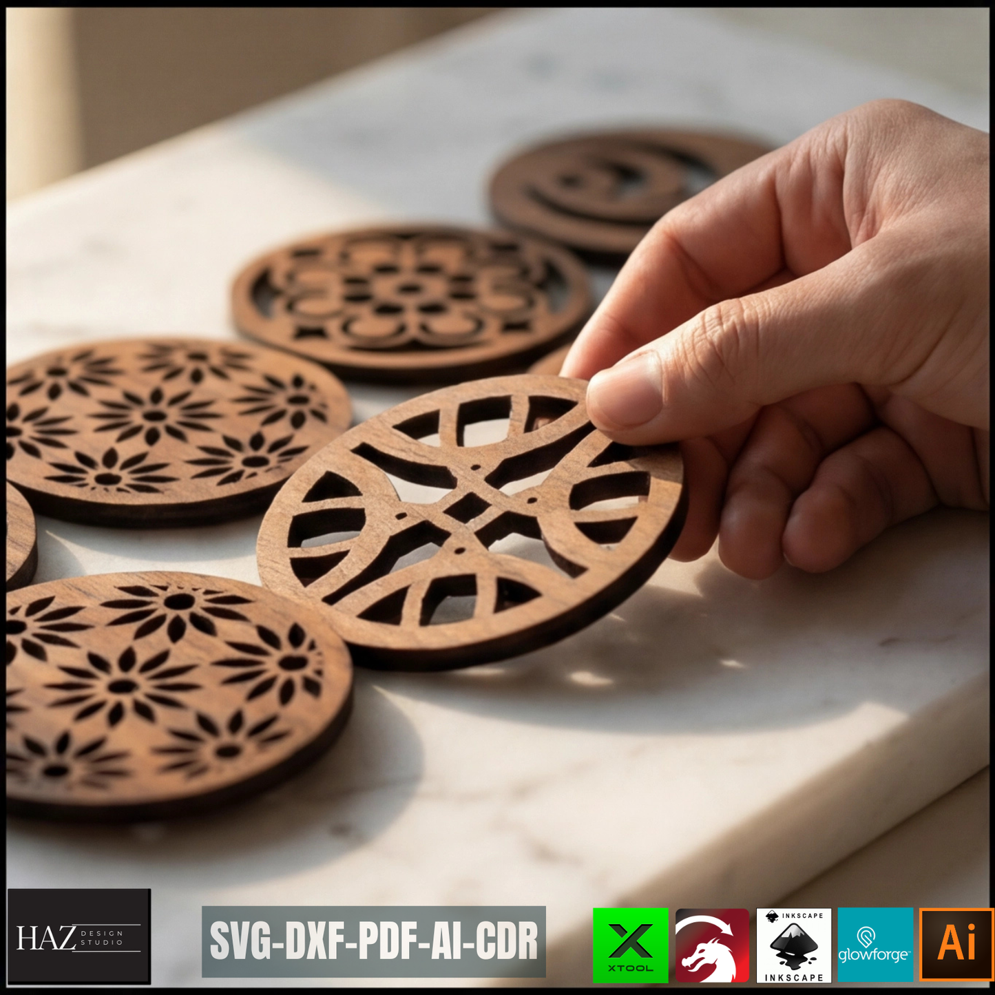 Round Coasters Laser Cut Template, Floral Wooden Drink Mat Pattern, Coaster Set Design
