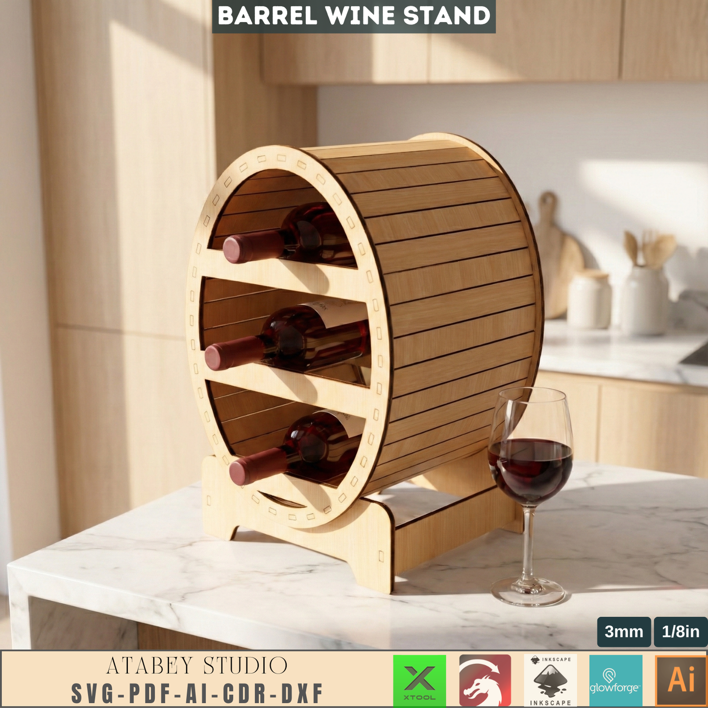 Barrel Wine Rack Laser Cut Plan, Wooden Bottle Holder Template, DIY Rustic Home Bar Decor, Tabletop Wine Stand Design 983