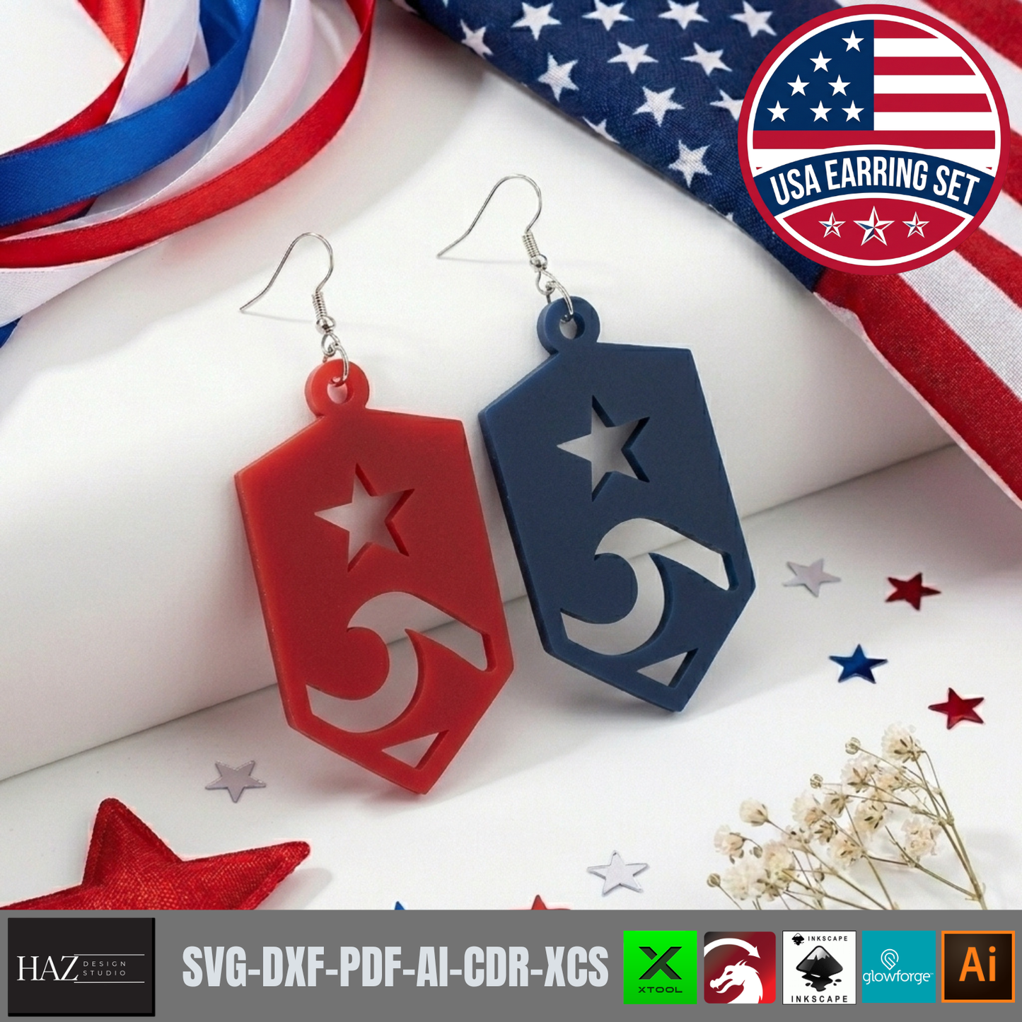 USA Flag Earring SVG Bundle, 4th of July Laser Cut File, Patriotic Acrylic Earring Template, Veteran Gift
