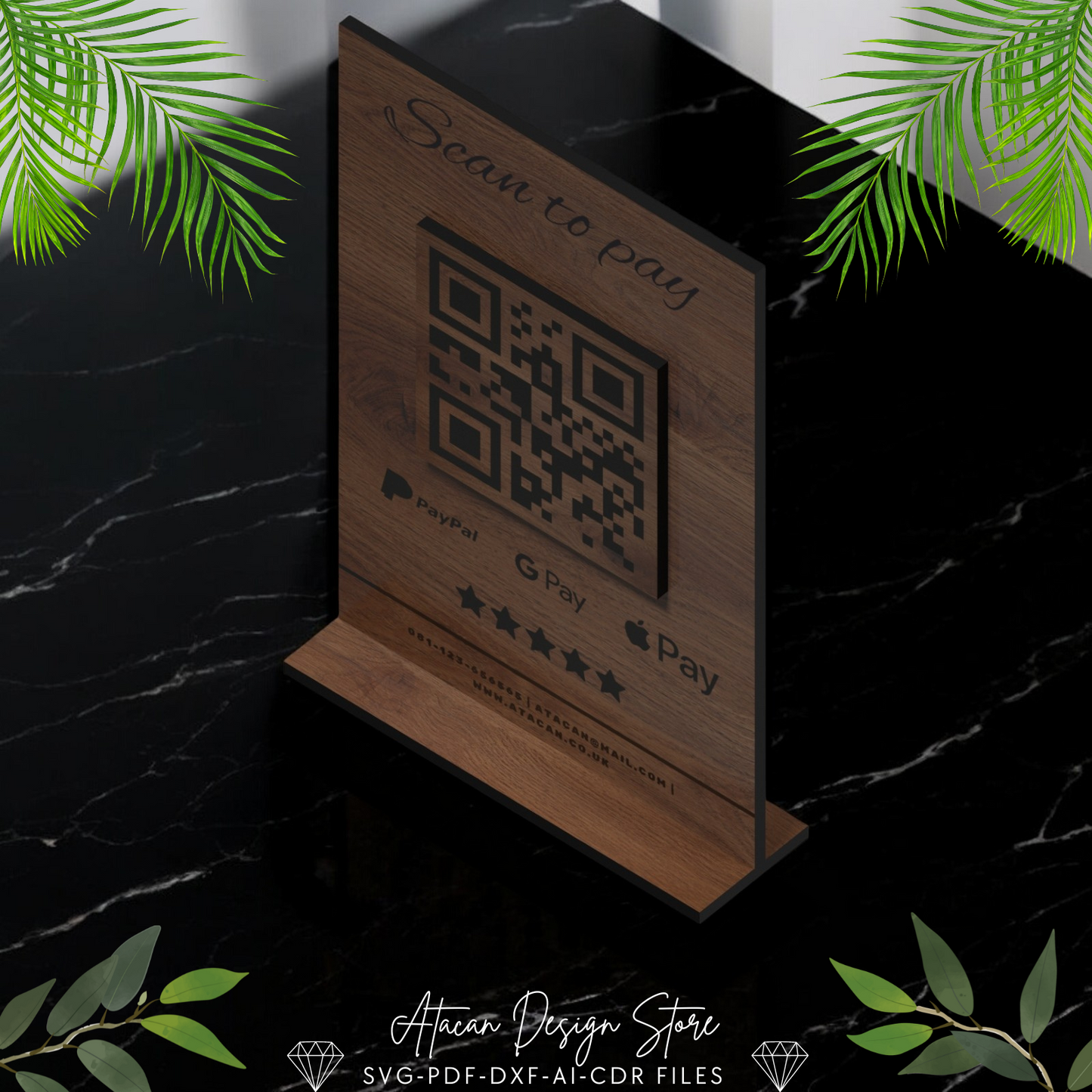 QR Code Payment Sign - Wooden Scan to Pay Menu Stand for Bars & Cafes - Scan to Pay Sign Display 685