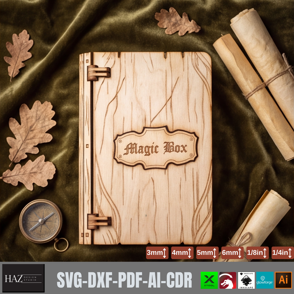 Magic Book Box Laser Cut File | Gothic Wooden Box SVG DXF Glowforge xTool