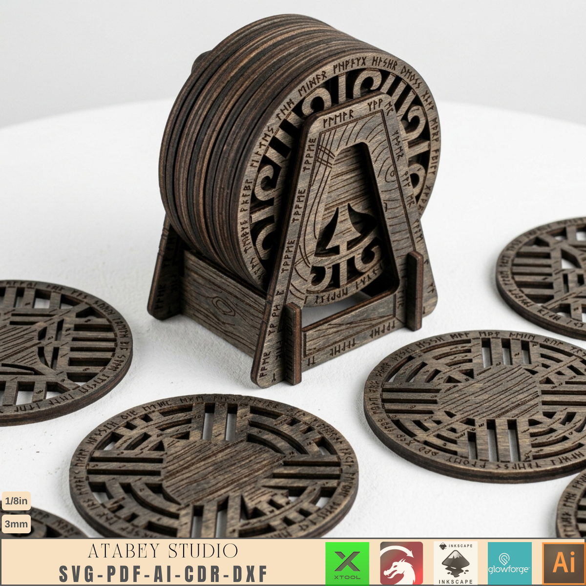Norse Rune Poker Coasters Laser Cut File, Viking Drink Coaster Stand, Game Night Bar Gift for Him 1035