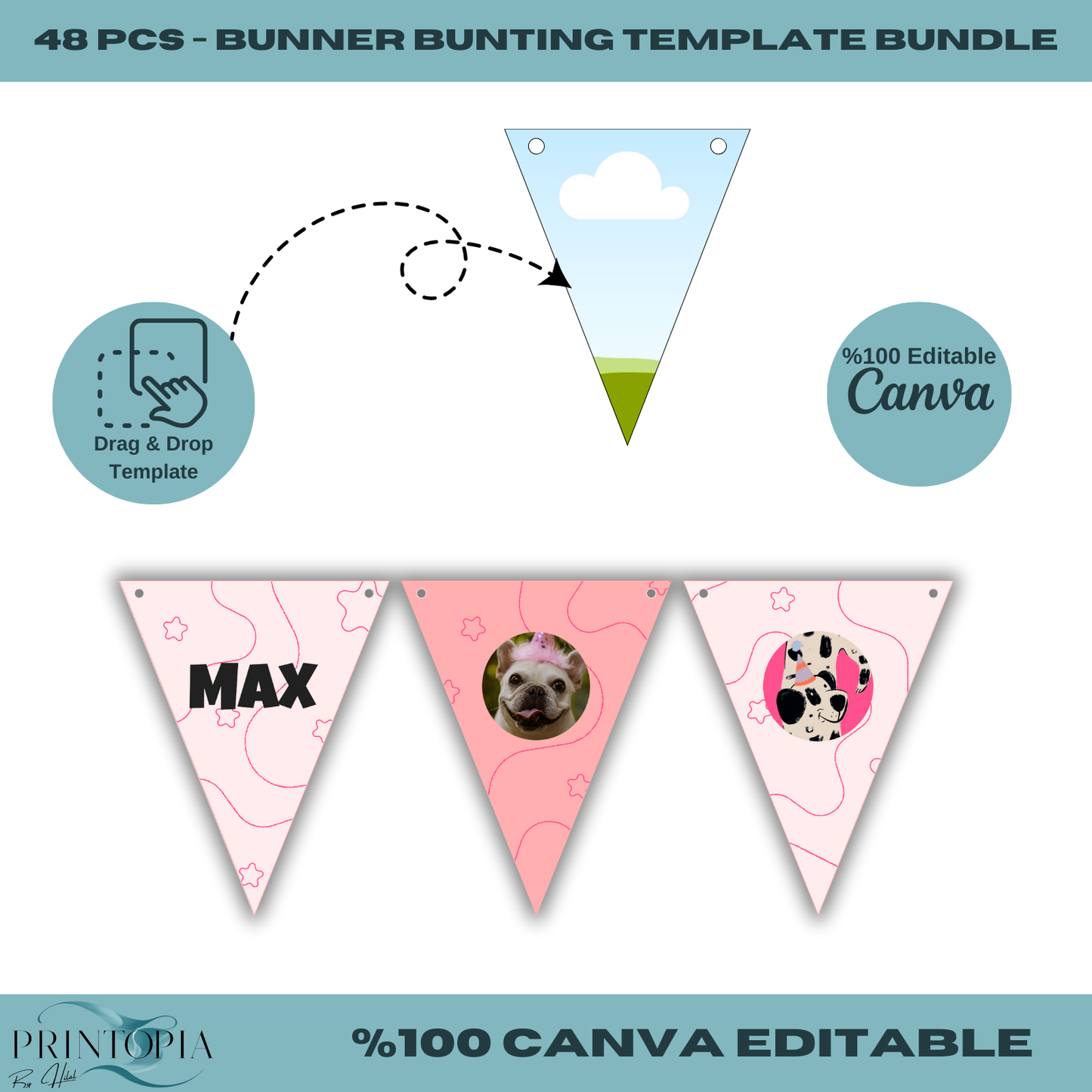 48 Banner Bunting Templates – Heart, Triangle, Scallop & More, Canva Ready, Perfect for DIY Party Decor Crafts 125