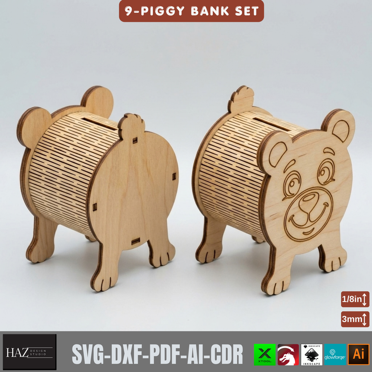 Wooden Animal Money Box Laser Cut Template, Cat Dog Pig Piggy Bank Set 574