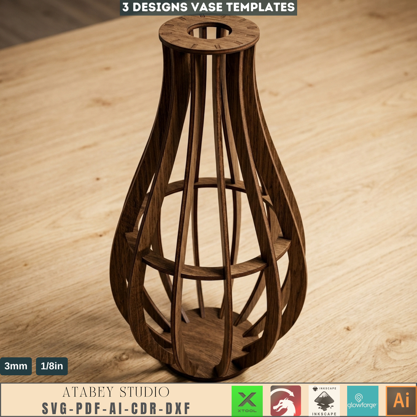 Wooden Vase Templates Set of 3 Slat Vase Designs Minimalist Table Decor Flower Stands 1002