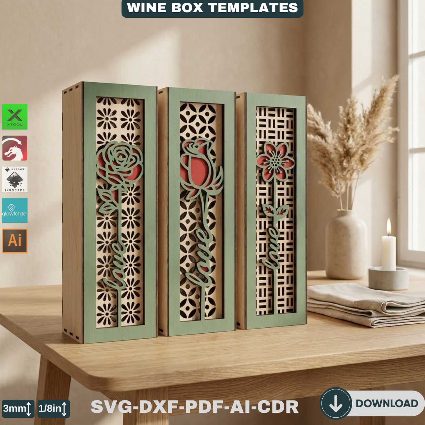 Luxury Wooden Wine Holder - Ideal for Weddings, Anniversaries, and Gift Giving-Elegant Wooden Wine Box with Rose Theme 800