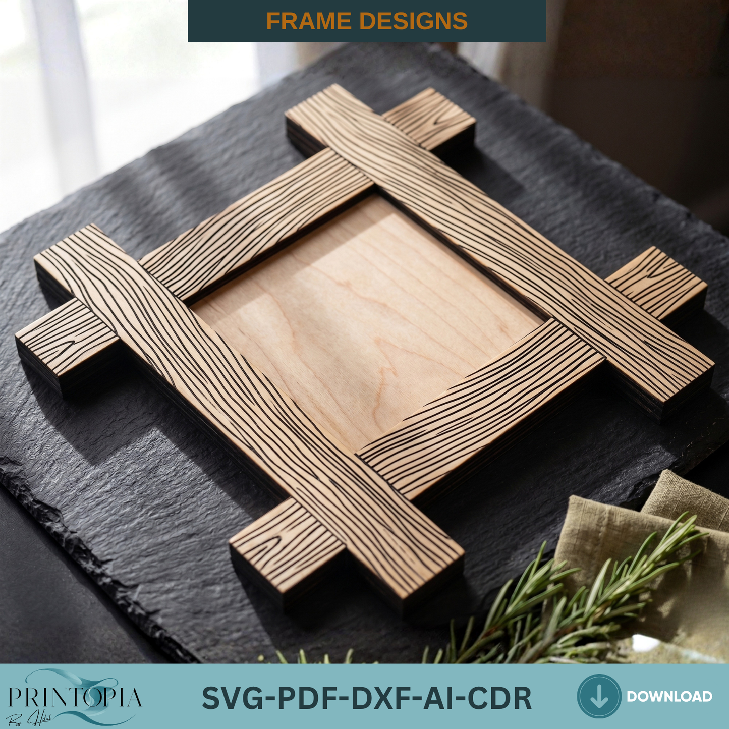 Wooden Frame Laser Cut Templates, Plywood Cutting File with Score Lines, Rustic Wood Blank Design for Engraving