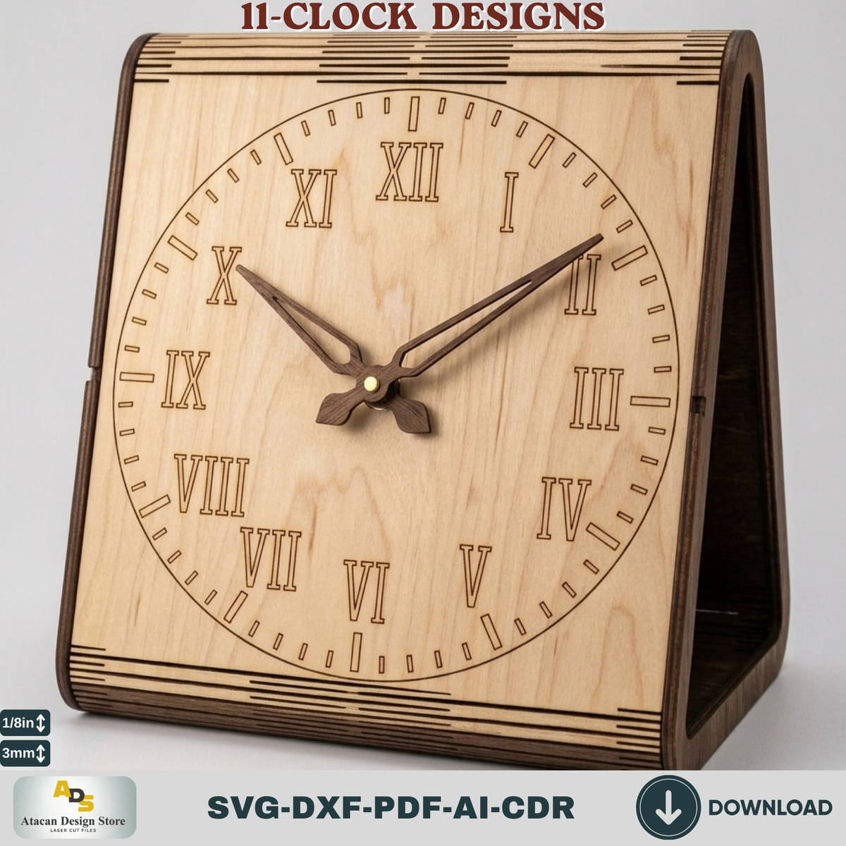 Laser Cut Plywood Desk Clock Pattern, Bent Wood Mantel Clock Template, Glowforge xTool Ready 987