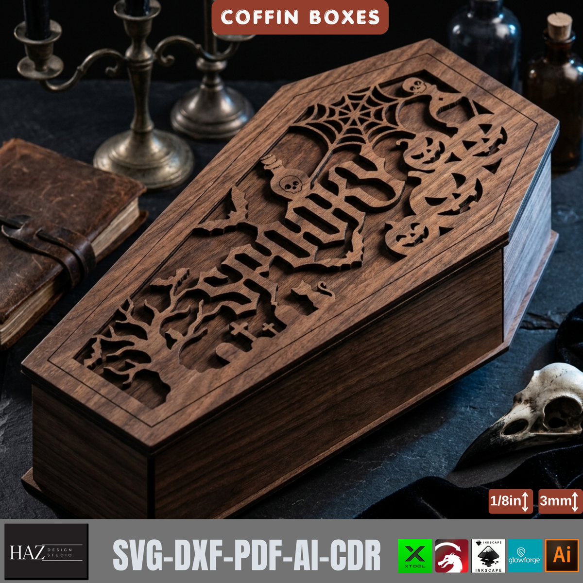 Halloween Coffin Box Laser Cut Template, Gothic Wood Keepsake Casket Pattern, Trick or Treat Candy Holder, Spooky Plywood Decor