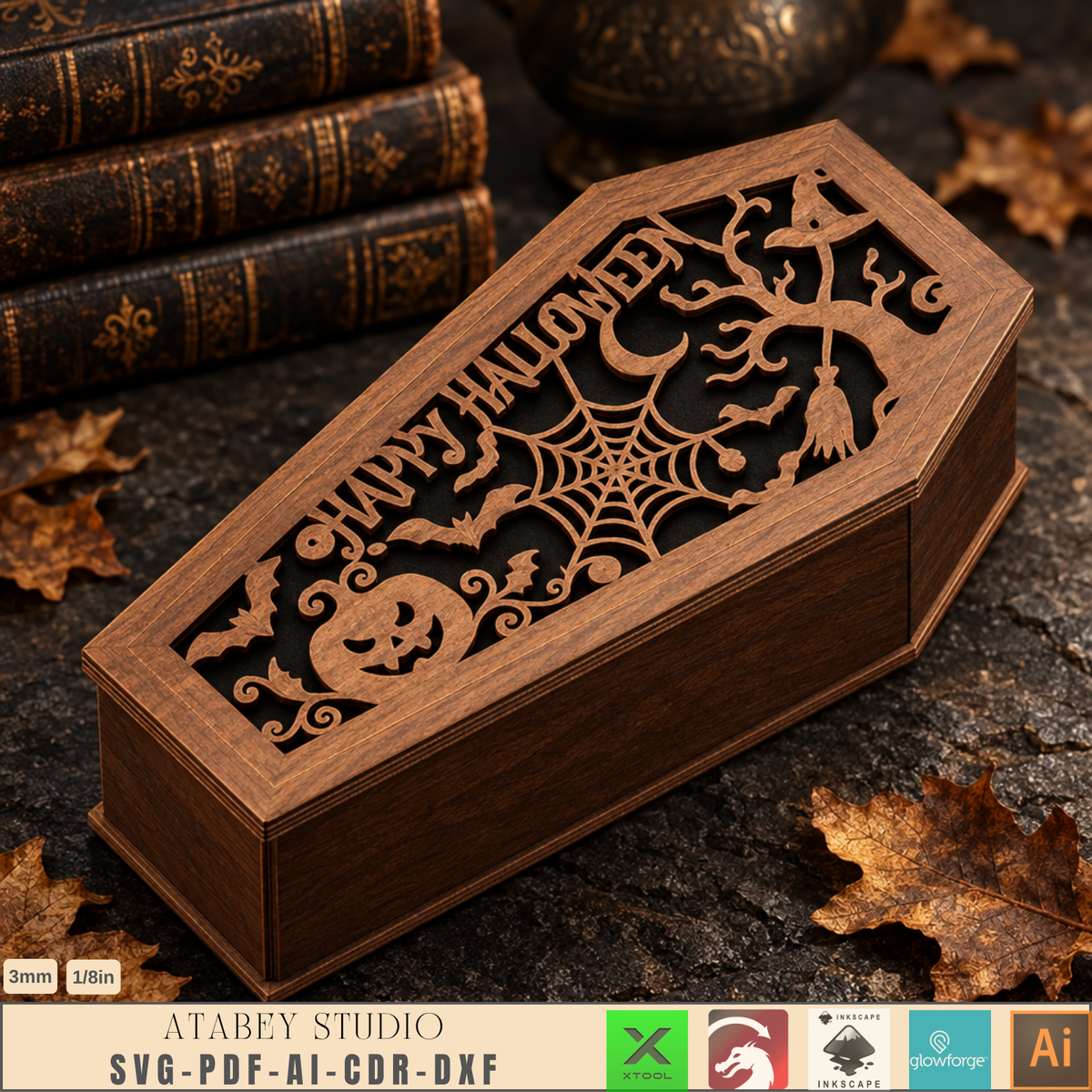 Halloween Coffin Box Laser Cut Bundle, Gothic Wooden Keepsake Casket, Trick or Treat Candy Box 1025
