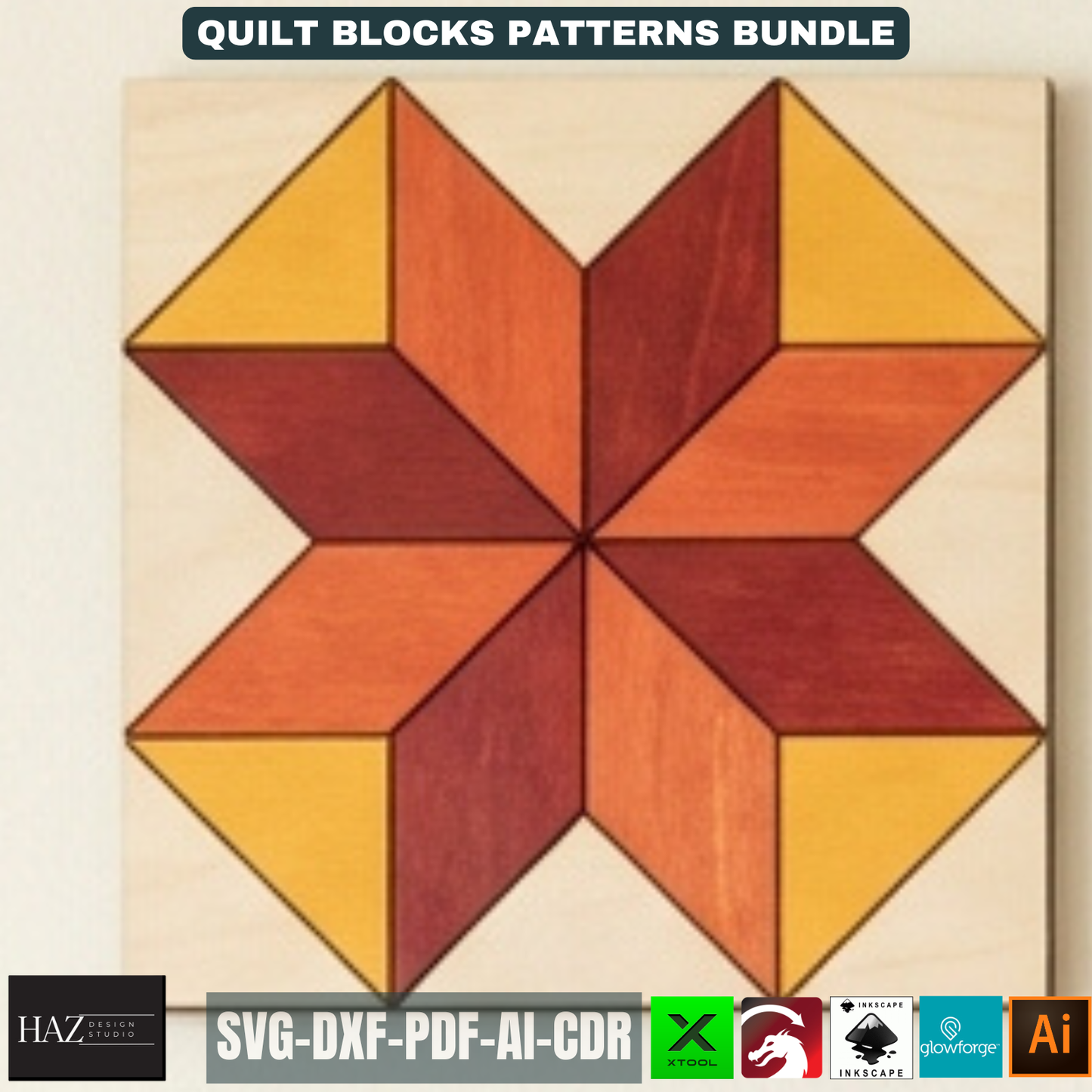 Geometric Barn Quilt Block Pattern Bundle, Wooden Wall Art Laser Cut Template, Modern Mosaic Home Decor 517