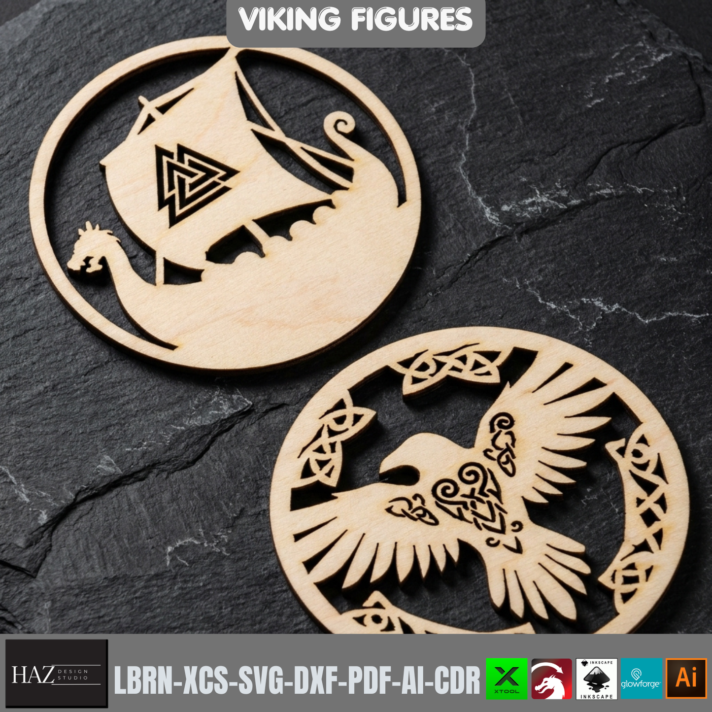 Viking Figures Laser Cut Round Coaster Wood Cutting Template SVG Files