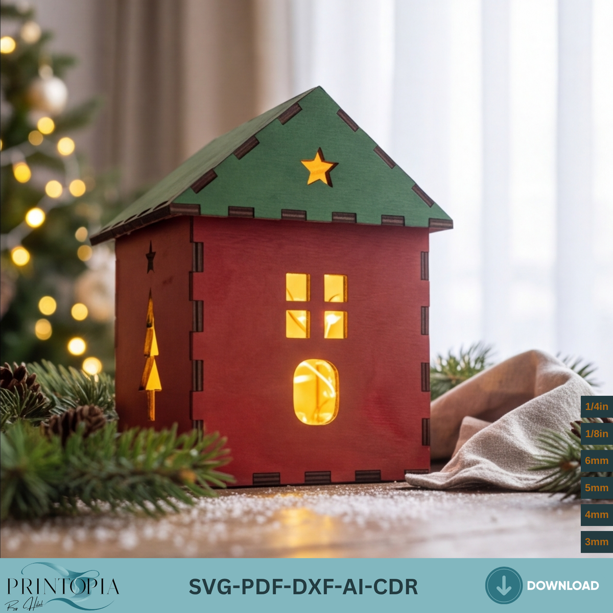Christmas House Tealight Holder Laser Cut Template, Wooden Holiday Lanternn373
