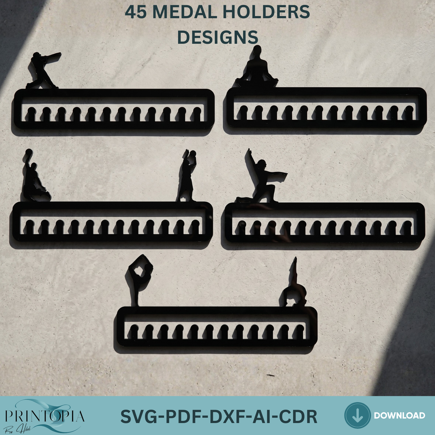 45 Medal Holder Designs SVG Bundle, Acrylic Sport Awards Hanger Templates, Trophy Medals Rack,