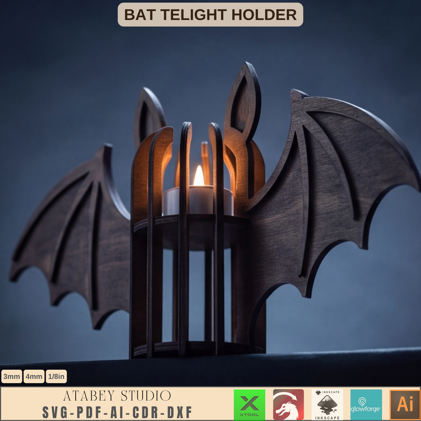 Halloween Bat Tea Light Holder Laser Cut File Wooden Lantern SVG Template
