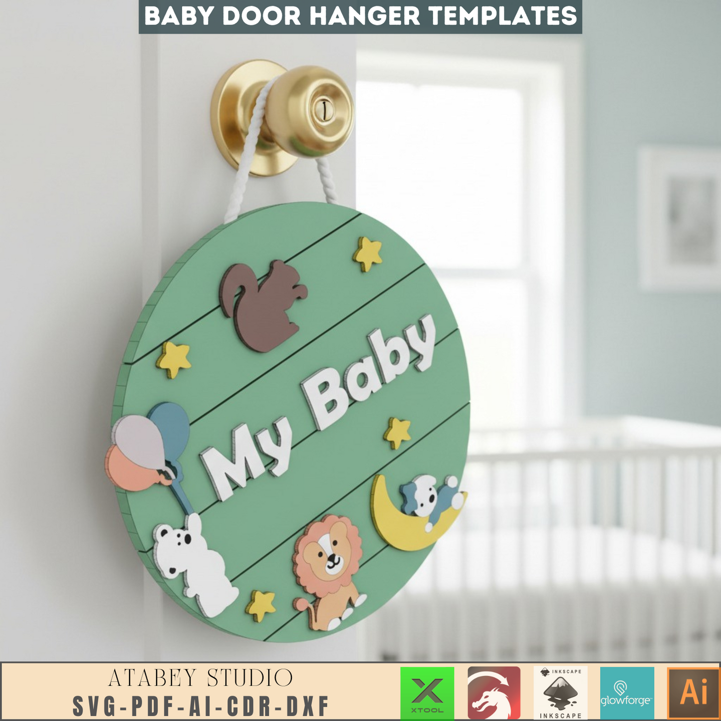 Baby Nursery Door Hanger SVG Bundle, Laser Cut Files for Newborn Gifts, Woodland Animals & Moon Themes, Digital Download