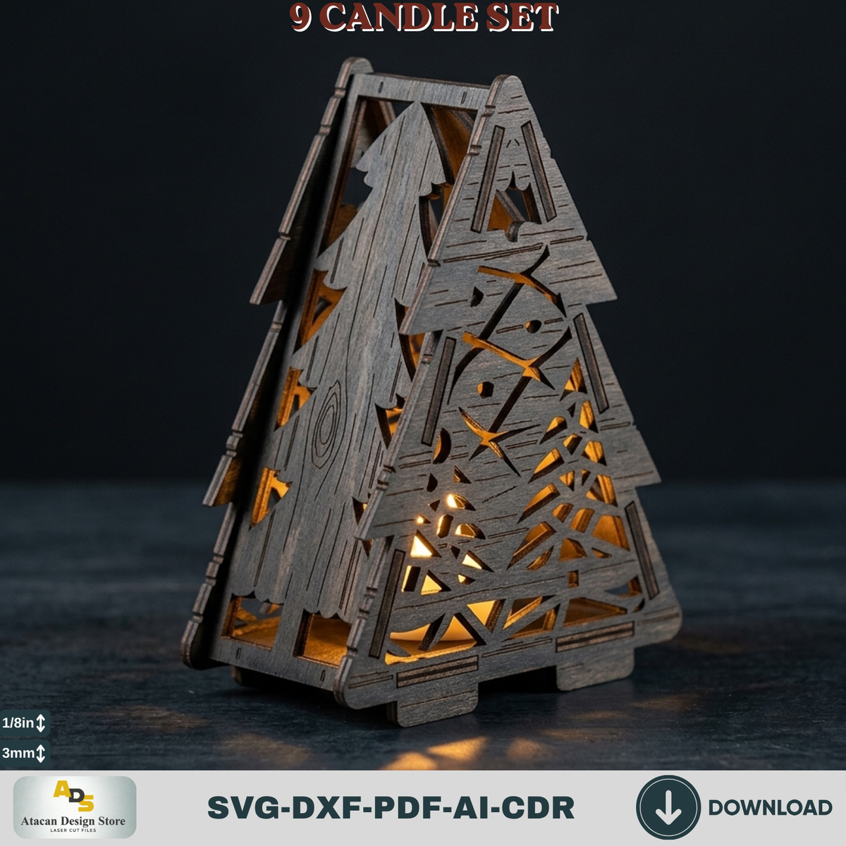 Laser Cut Christmas Lantern Bundle, Tealight Holder Template Set of 9, Snowflake Reindeer Gnome