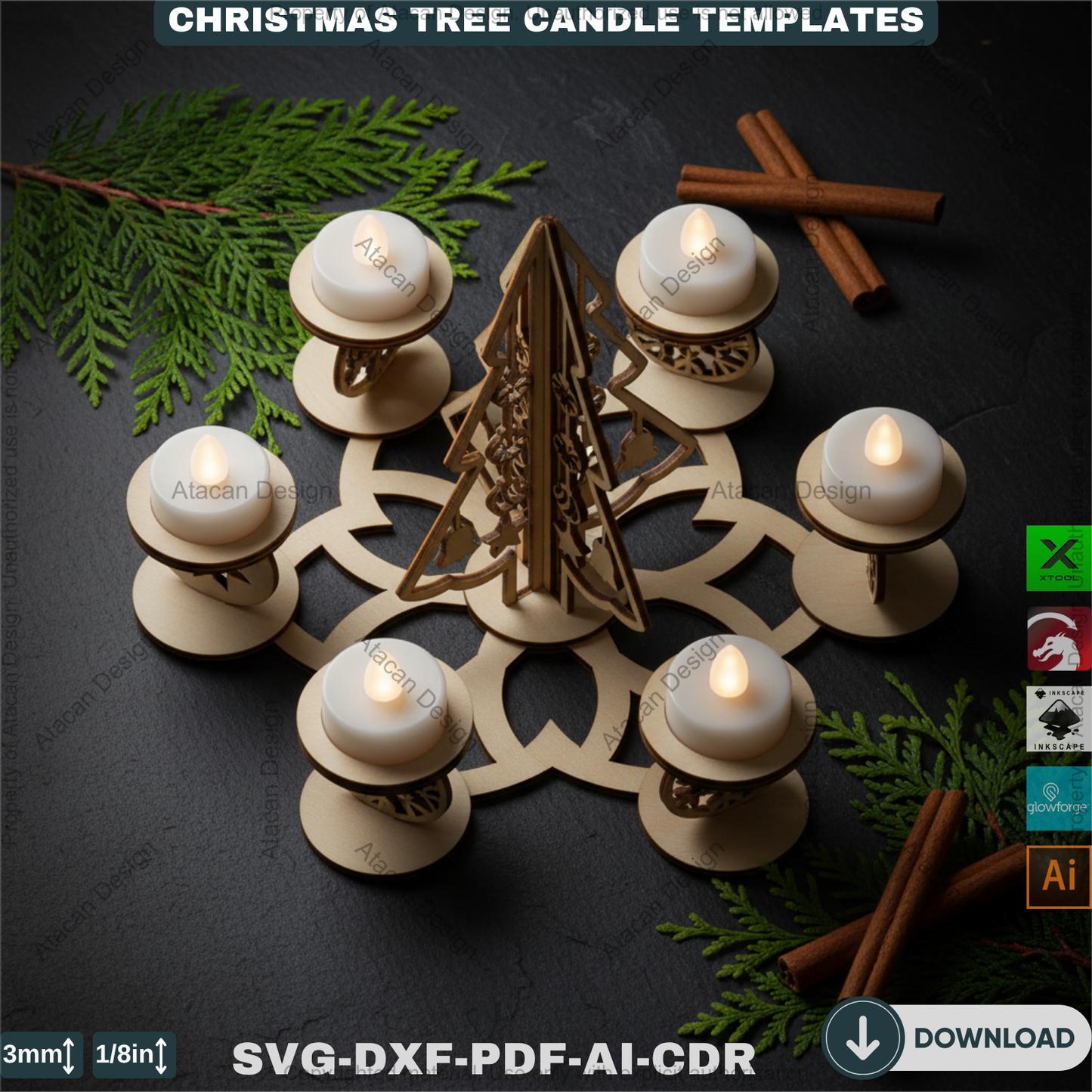 Festive Christmas Tree Tea Light Holder Laser Cut Digital Template, Holiday Advent Wreath Candle Stand, New Year Snowflake Tealight Decor 911