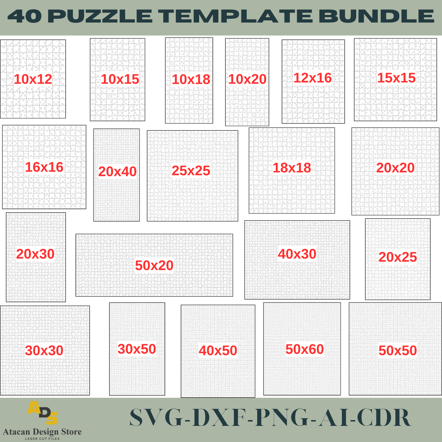 Jigsaw Puzzle Templates Bundle, 40 Sizes from 1x1 to 50x60 - Puzzle Cutting Files, Puzzle Laser SVG File, Digital Download 727