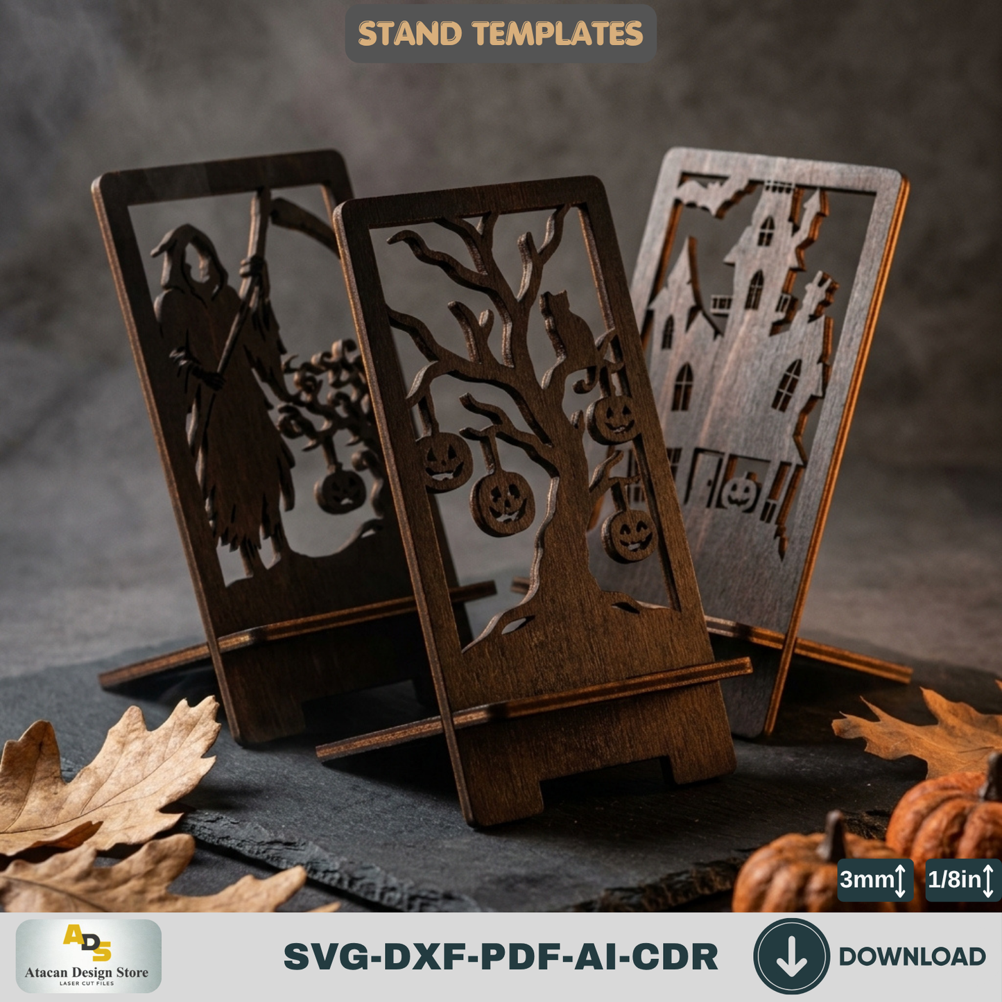 Halloween Stand Laser Cut Template Wooden Plywood Display Spooky Haunted House Phone Holder Pattern