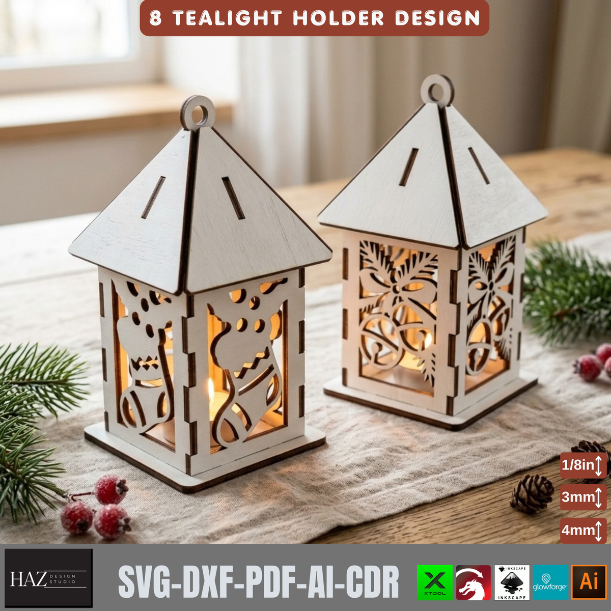 8 Christmas Tealight Lantern Laser Cut Pattern Wooden Candle Holder Template