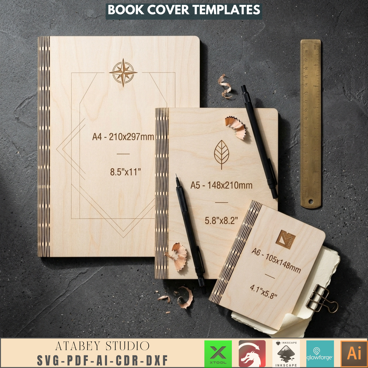 Wooden Book Cover Template Living Hinge Laser Cut Notebook Design A4 A5 A6 Plywood Journal Cover
